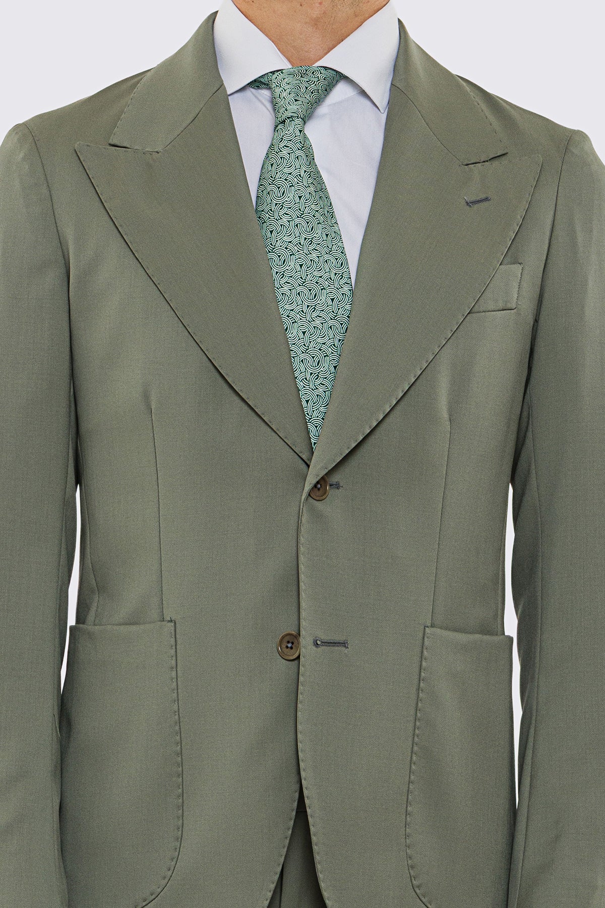 Giacca uomo Monopetto salvia fresco lana super 130's Vitale Barberis Canonico sfoderata Rever a lancia tasche a toppe