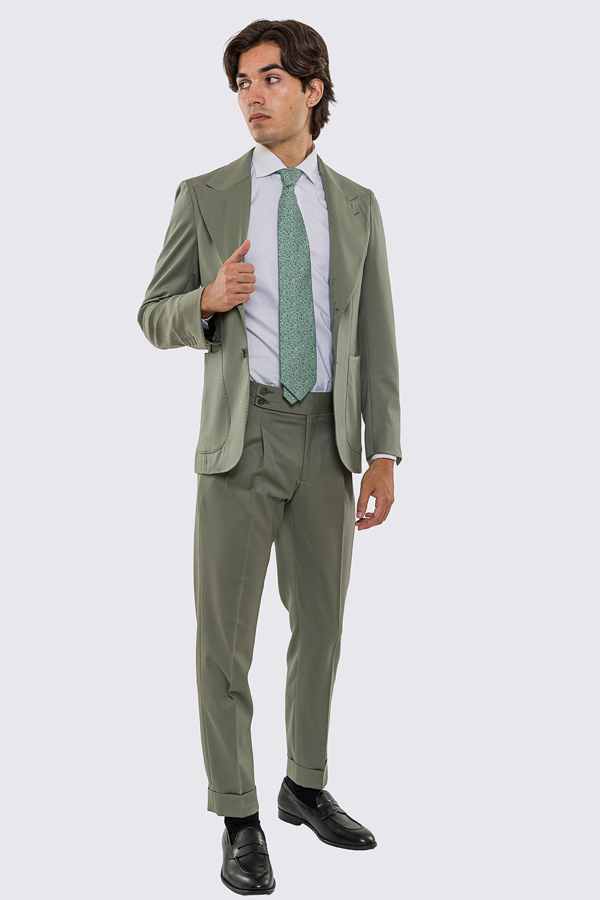 Giacca uomo Monopetto salvia fresco lana super 130's Vitale Barberis Canonico sfoderata Rever a lancia tasche a toppe