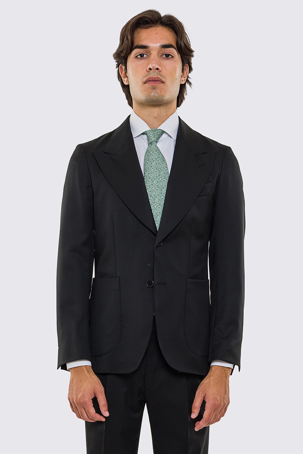 Giacca uomo Monopetto nera fresco lana super 130's Vitale Barberis Canonico sfoderata Rever a lancia tasche a toppe