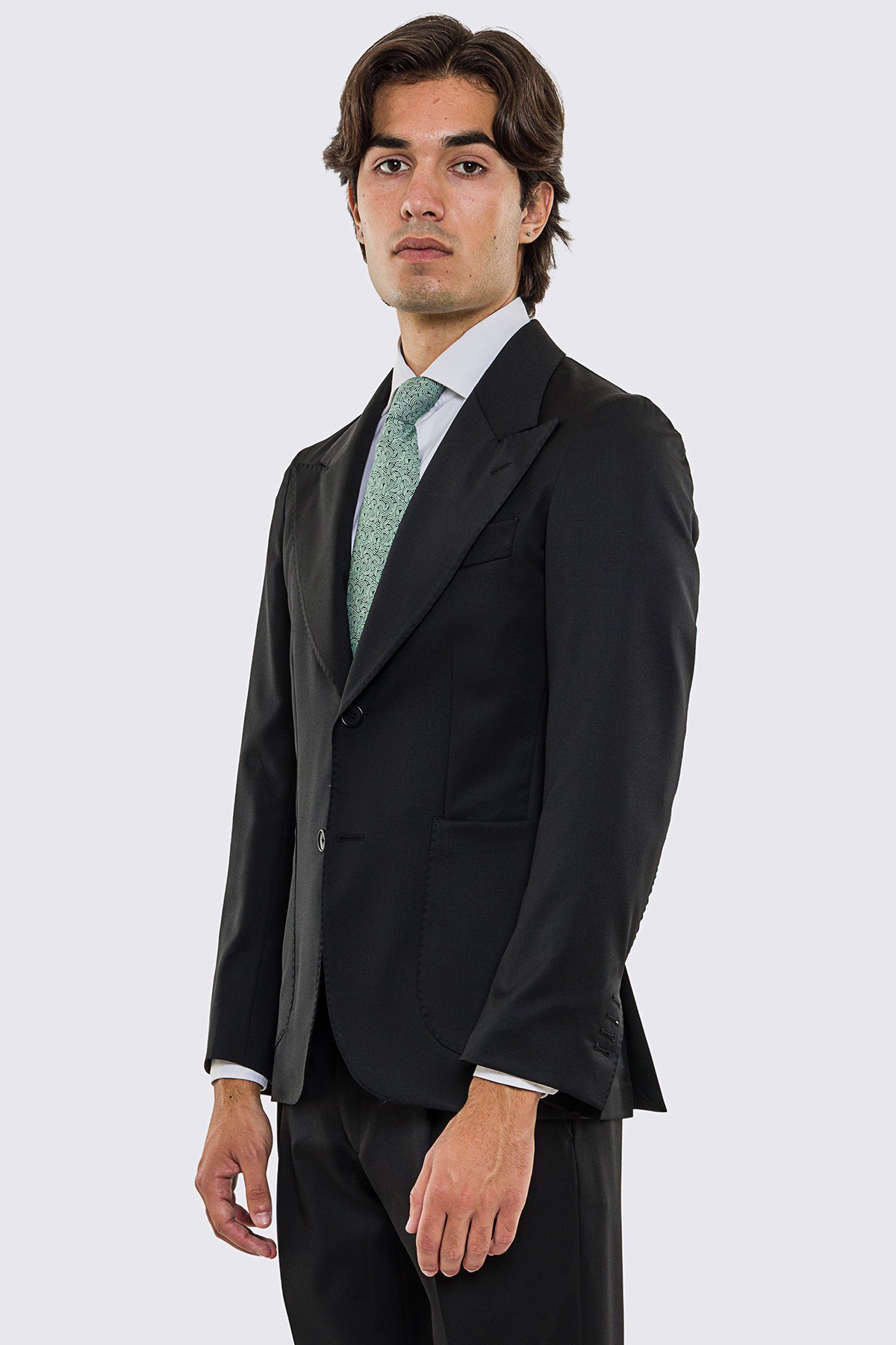 Abito uomo Monopetto nera fresco lana super 130's Vitale Barberis Canonico sfoderata Rever a lancia tasche a toppe