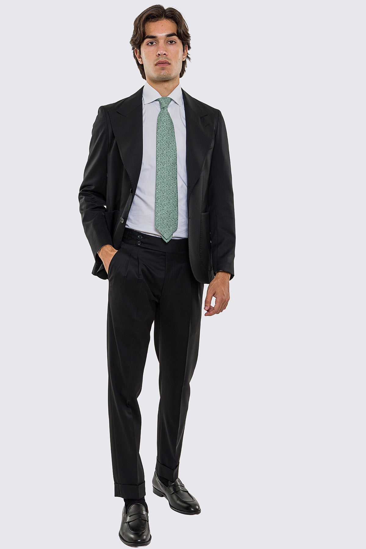 Giacca uomo Monopetto nera fresco lana super 130's Vitale Barberis Canonico sfoderata Rever a lancia tasche a toppe