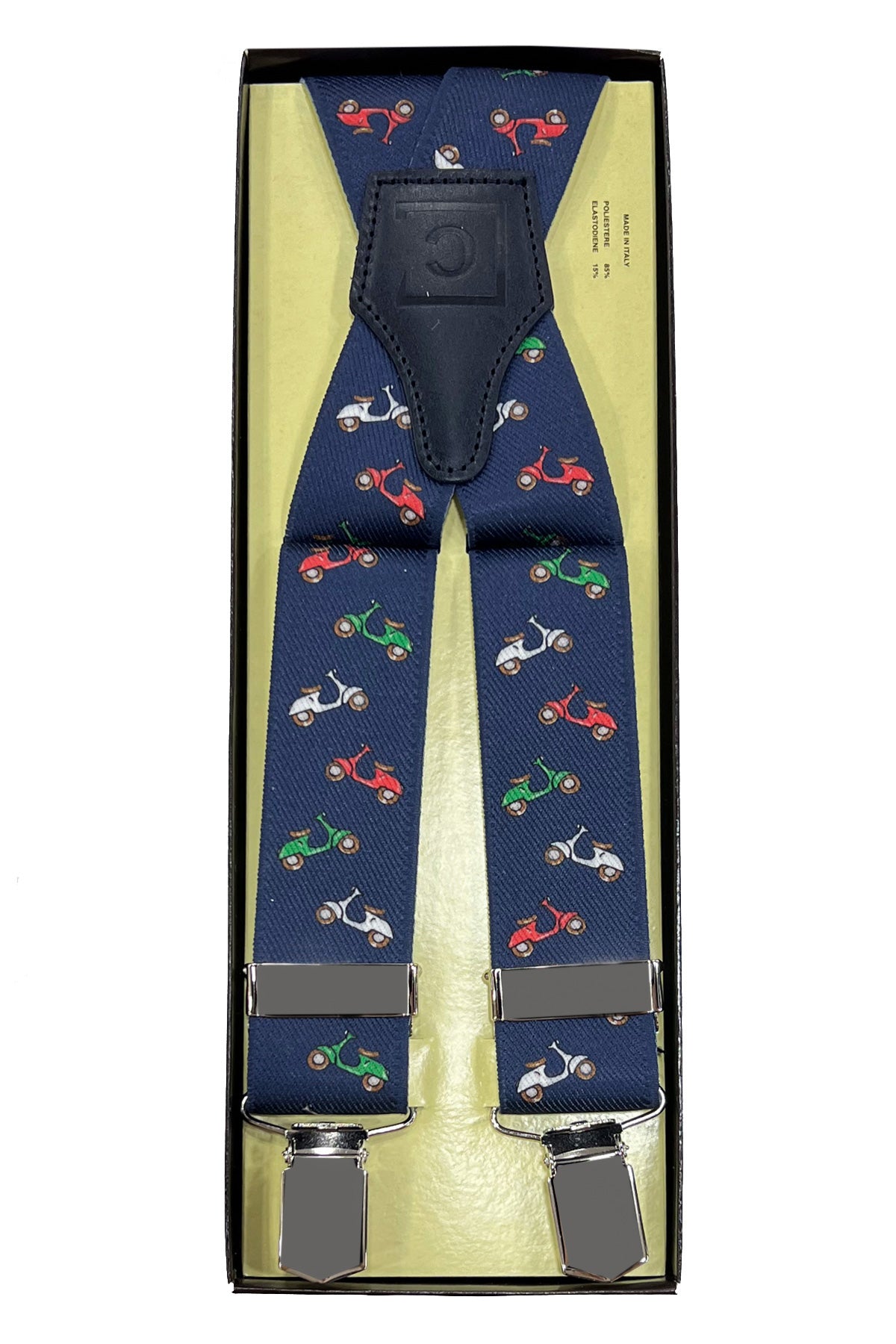 Bretelle da uomo blu Fantasia Elasticizzate 3,5 cm regolabili con chiusura pinze argento
