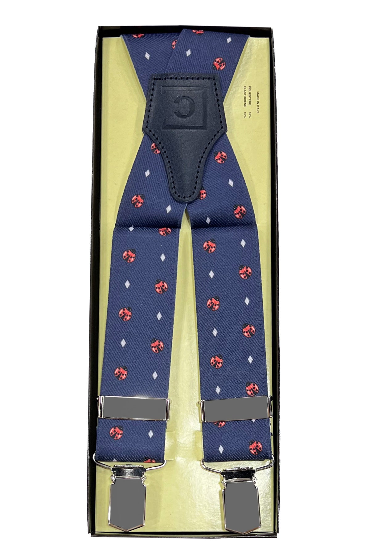 Bretelle da uomo blu Fantasia Elasticizzate 3,5 cm regolabili con chiusura pinze argento