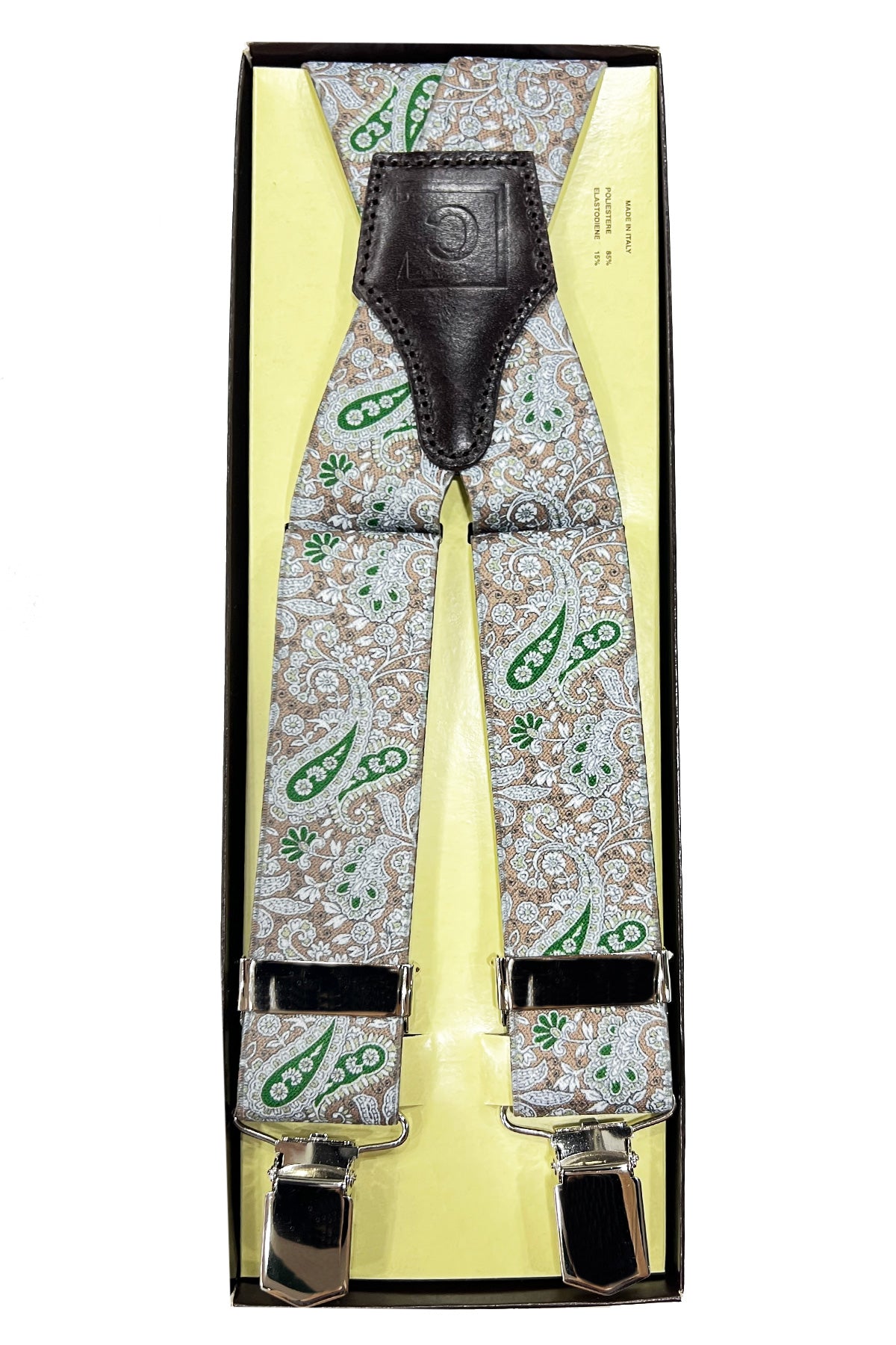 Bretelle da uomo beige Fantasia Elasticizzate 3,5 cm regolabili con chiusura pinze argento