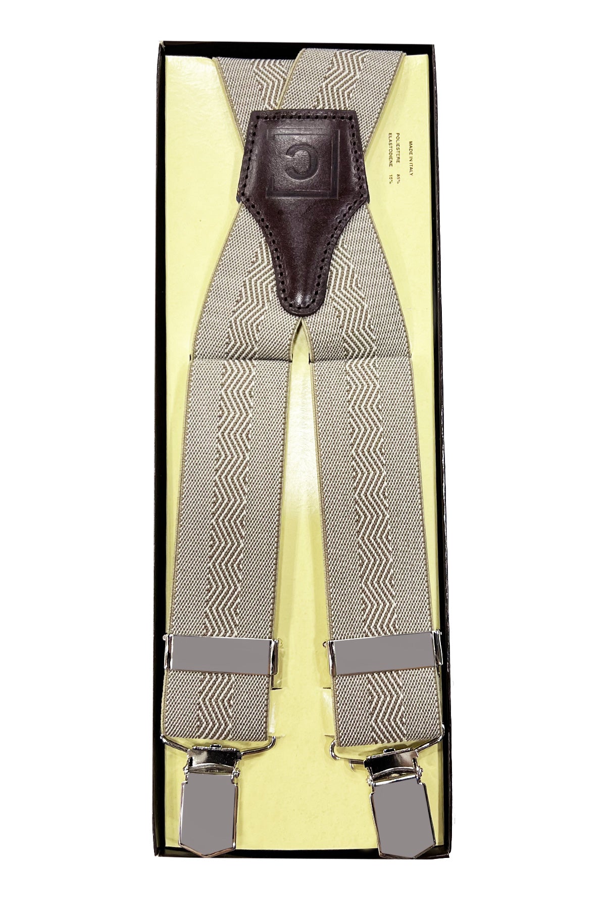 Bretelle da uomo beige Fantasia Elasticizzate 3,5 cm regolabili con chiusura pinze argento