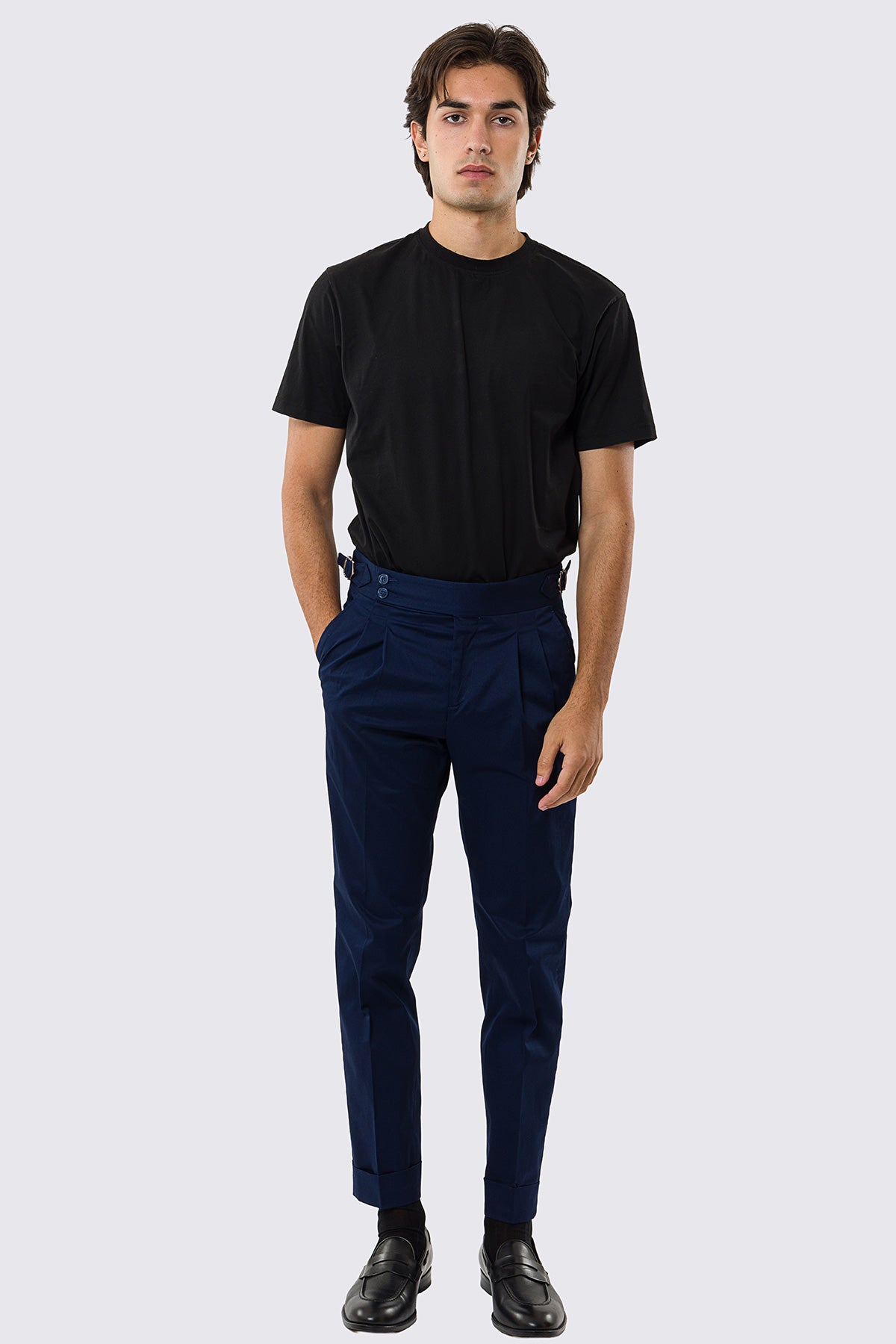 Pantalone uomo Blu vita alta con fibbie laterali tasca america in cotone leggermente elastico risvolto 5cm made in italy