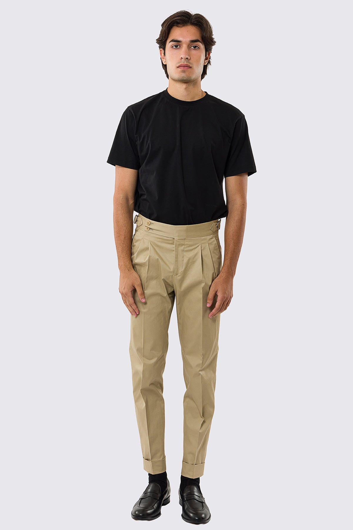 Pantalone uomo Beige vita alta con fibbie laterali tasca america in cotone leggermente elastico risvolto 5cm made in italy