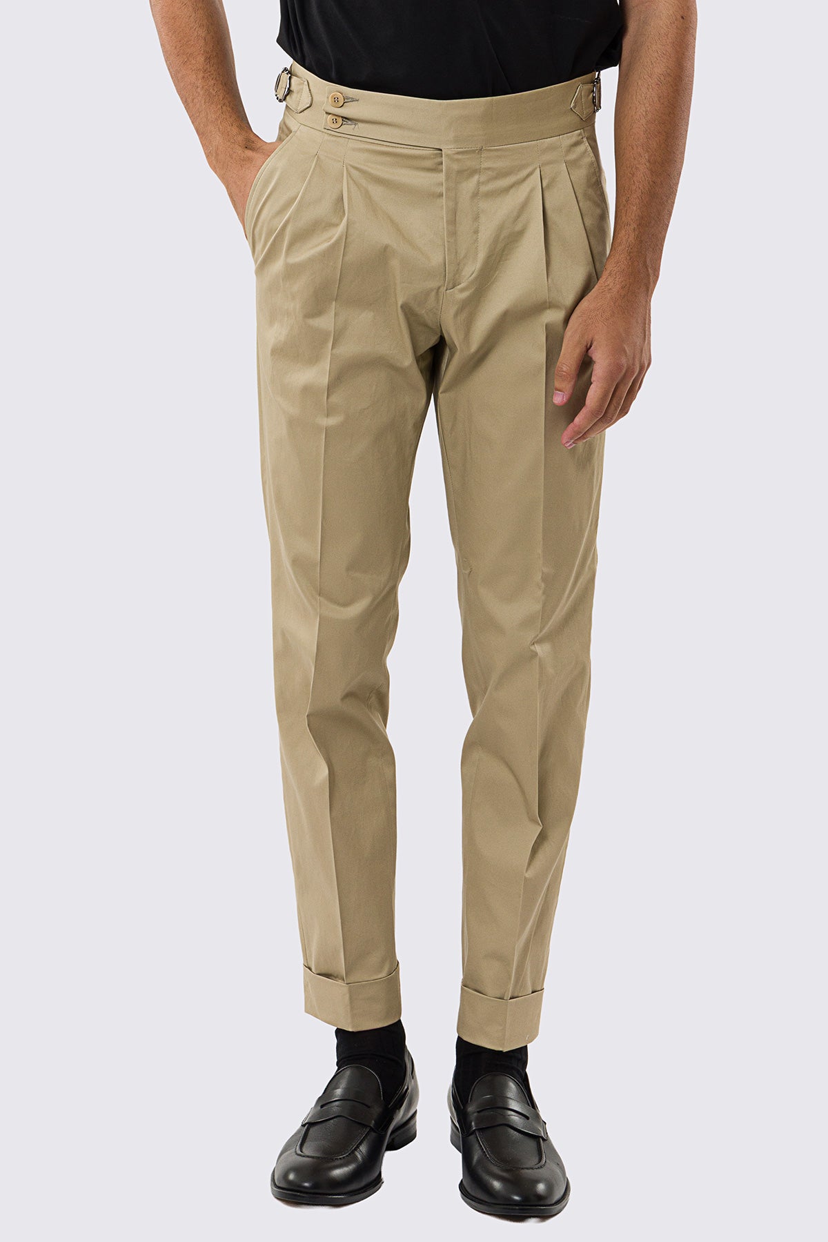 Pantalone uomo Beige vita alta con fibbie laterali tasca america in cotone leggermente elastico risvolto 5cm made in italy