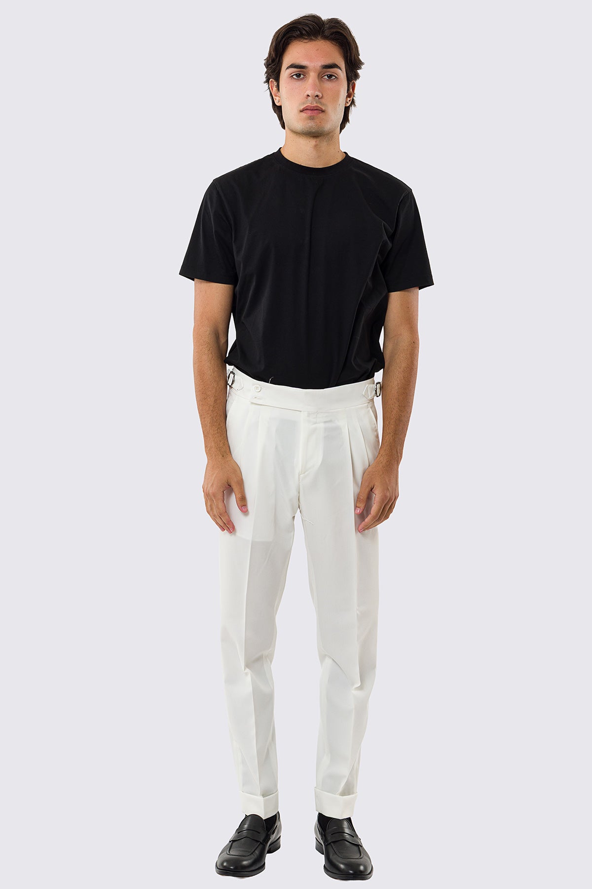 Pantalone uomo Bianco vita alta con fibbie laterali tasca america effetto fresco lana risvolto 5cm made in italy