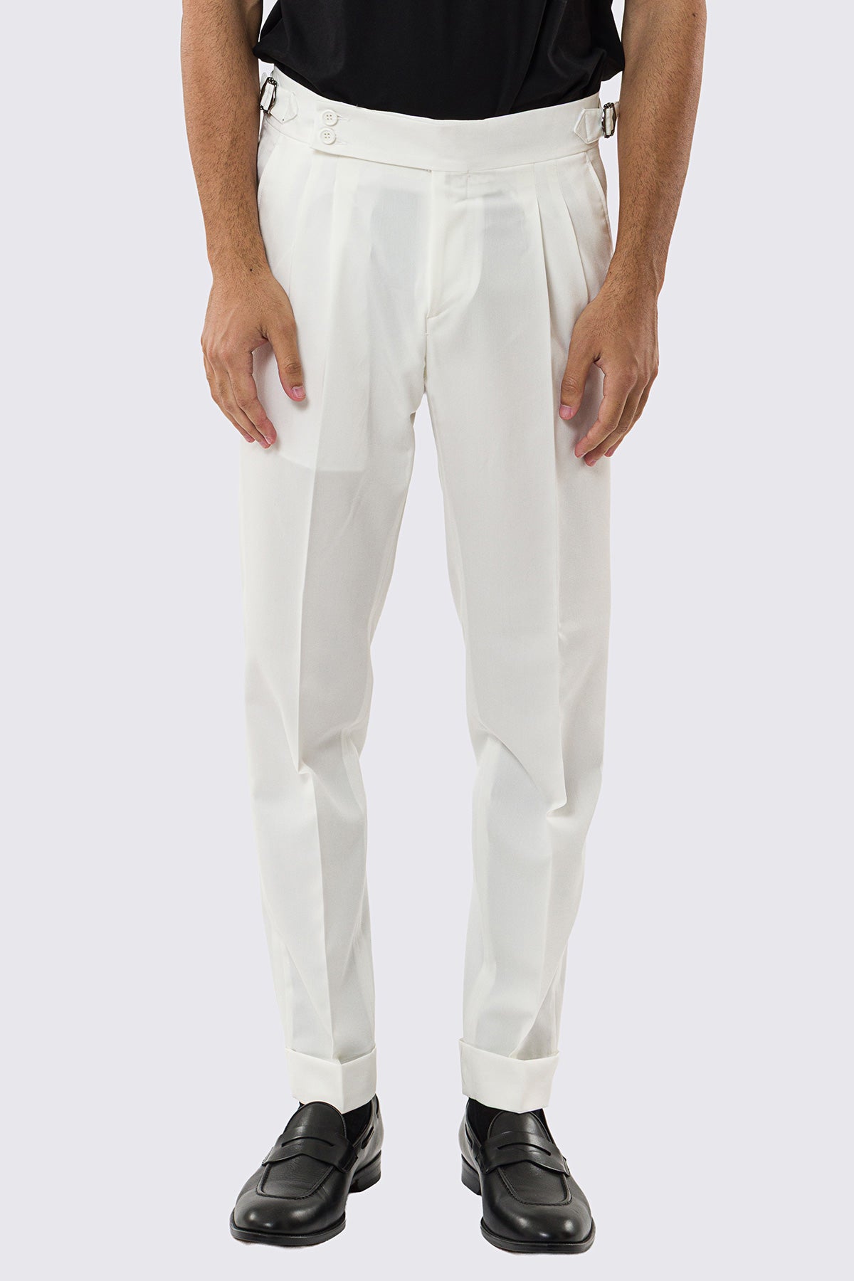 Pantalone uomo Bianco vita alta con fibbie laterali tasca america effetto fresco lana risvolto 5cm made in italy