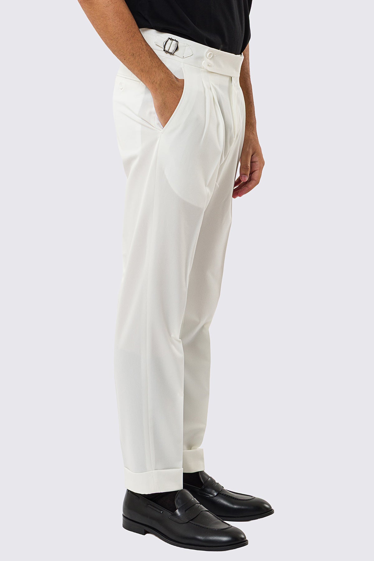 Pantalone uomo Bianco vita alta con fibbie laterali tasca america effetto fresco lana risvolto 5cm made in italy