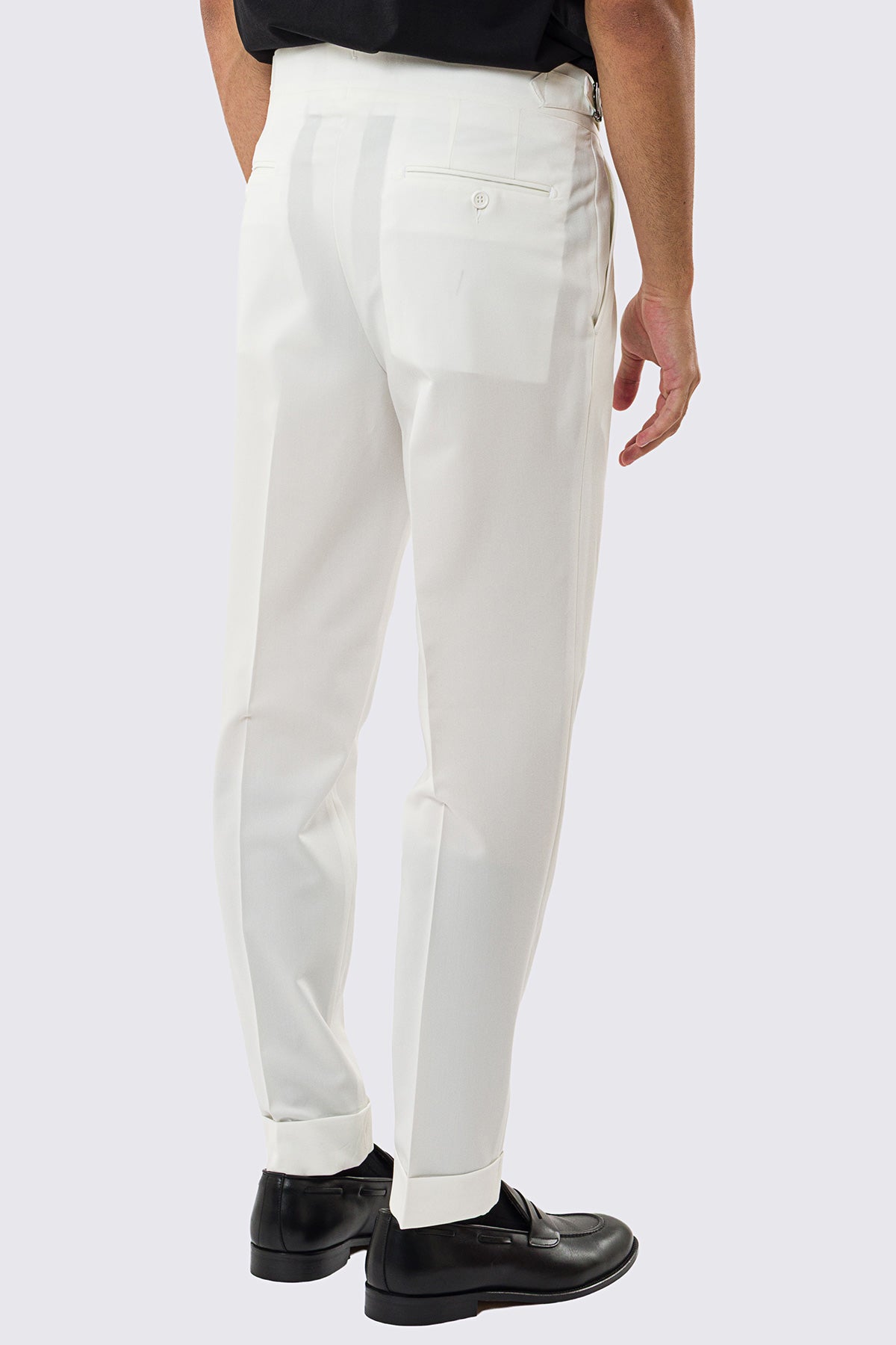 Pantalone uomo Bianco vita alta con fibbie laterali tasca america effetto fresco lana risvolto 5cm made in italy