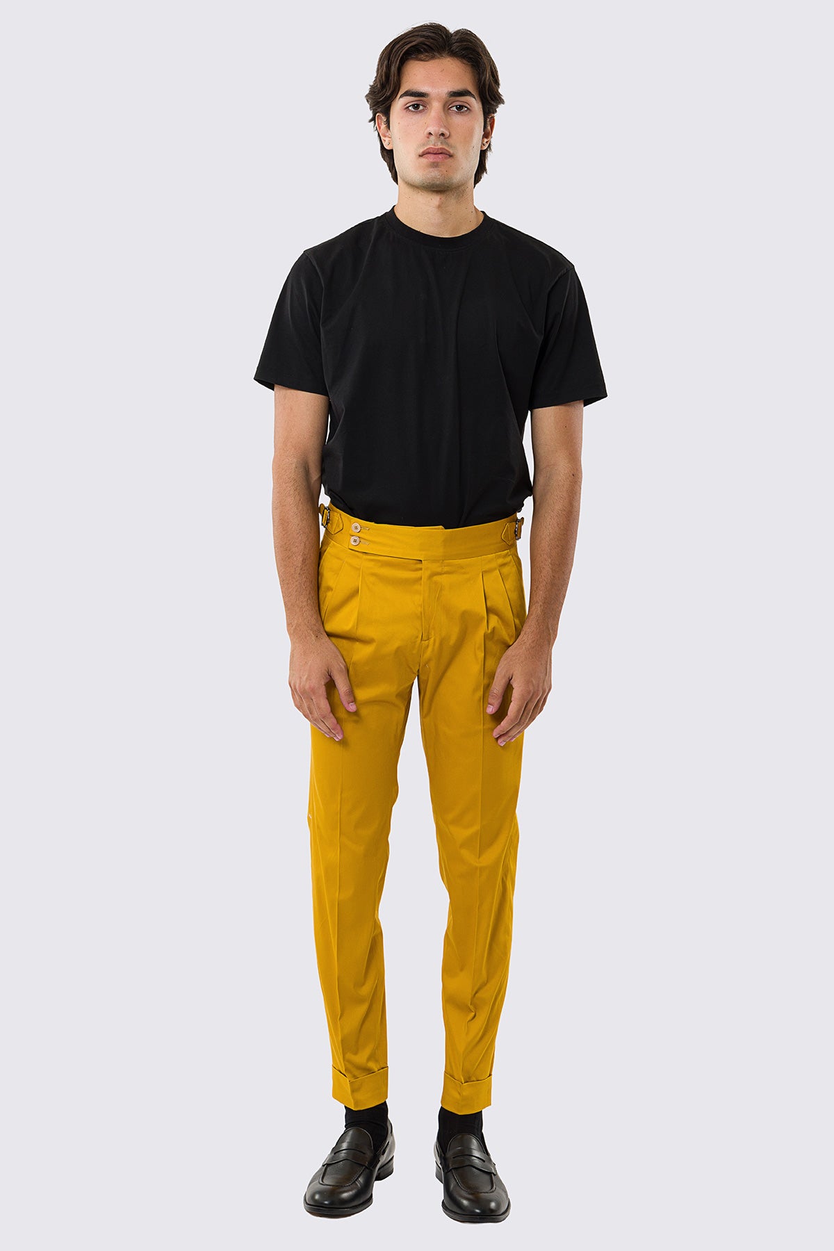 Pantalone uomo Ocra vita alta con fibbie laterali tasca america in cotone leggermente elastico risvolto 5cm made in italy