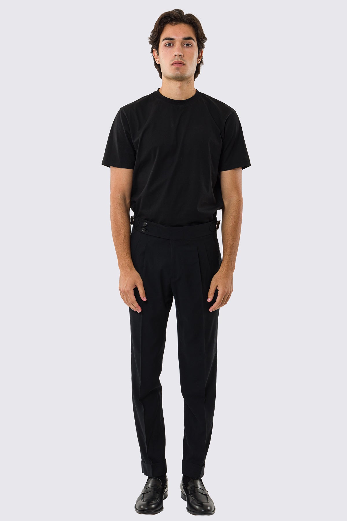 Pantalone uomo nero vita alta con fibbie laterali tasca america effetto fresco lana risvolto 5cm made in italy