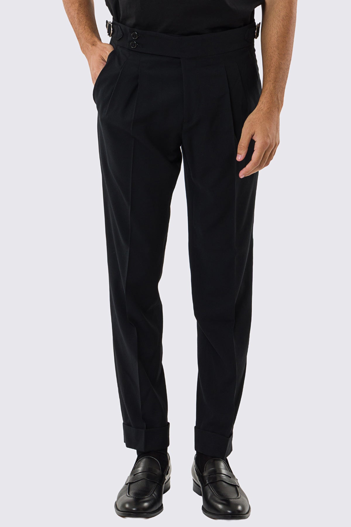 Pantalone uomo nero vita alta con fibbie laterali tasca america effetto fresco lana risvolto 5cm made in italy