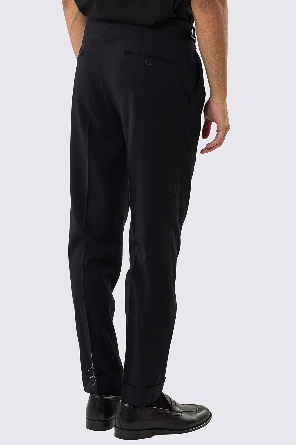 Pantalone uomo nero vita alta con fibbie laterali tasca america effetto fresco lana risvolto 5cm made in italy