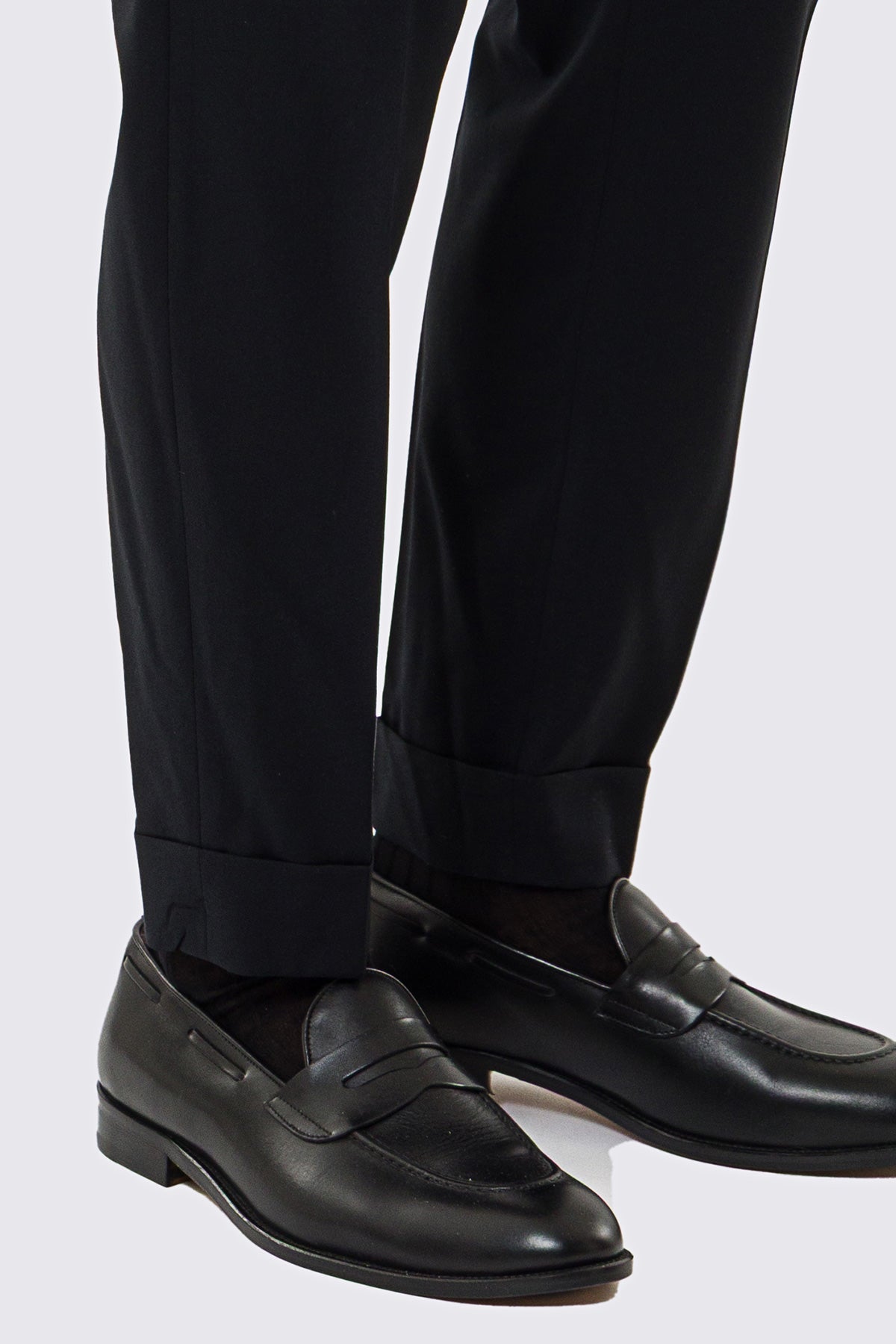 Pantalone uomo nero vita alta con fibbie laterali tasca america effetto fresco lana risvolto 5cm made in italy