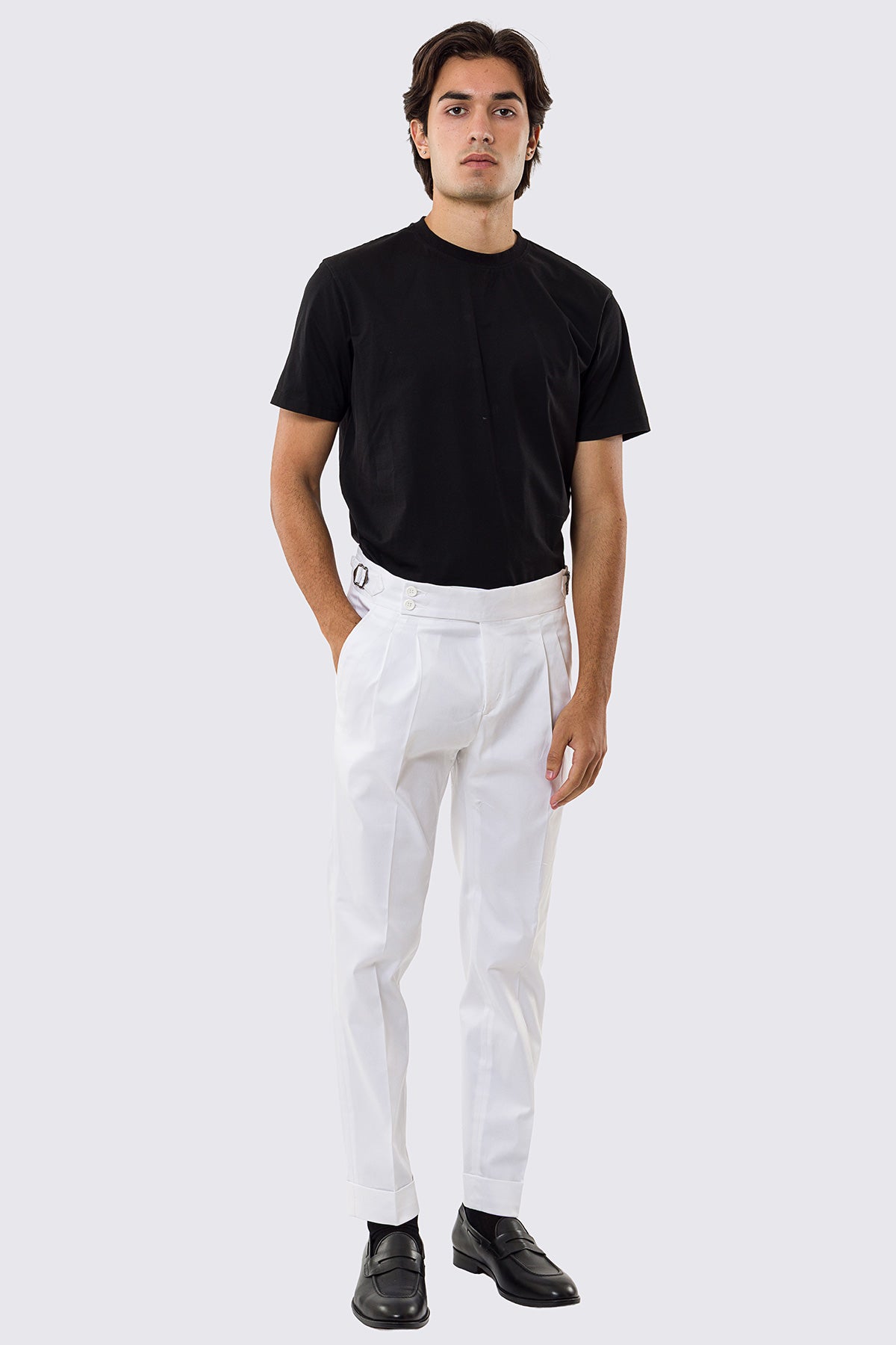 Pantalone uomo Bianco vita alta con fibbie laterali tasca america in cotone leggermente elastico risvolto 5cm made in italy