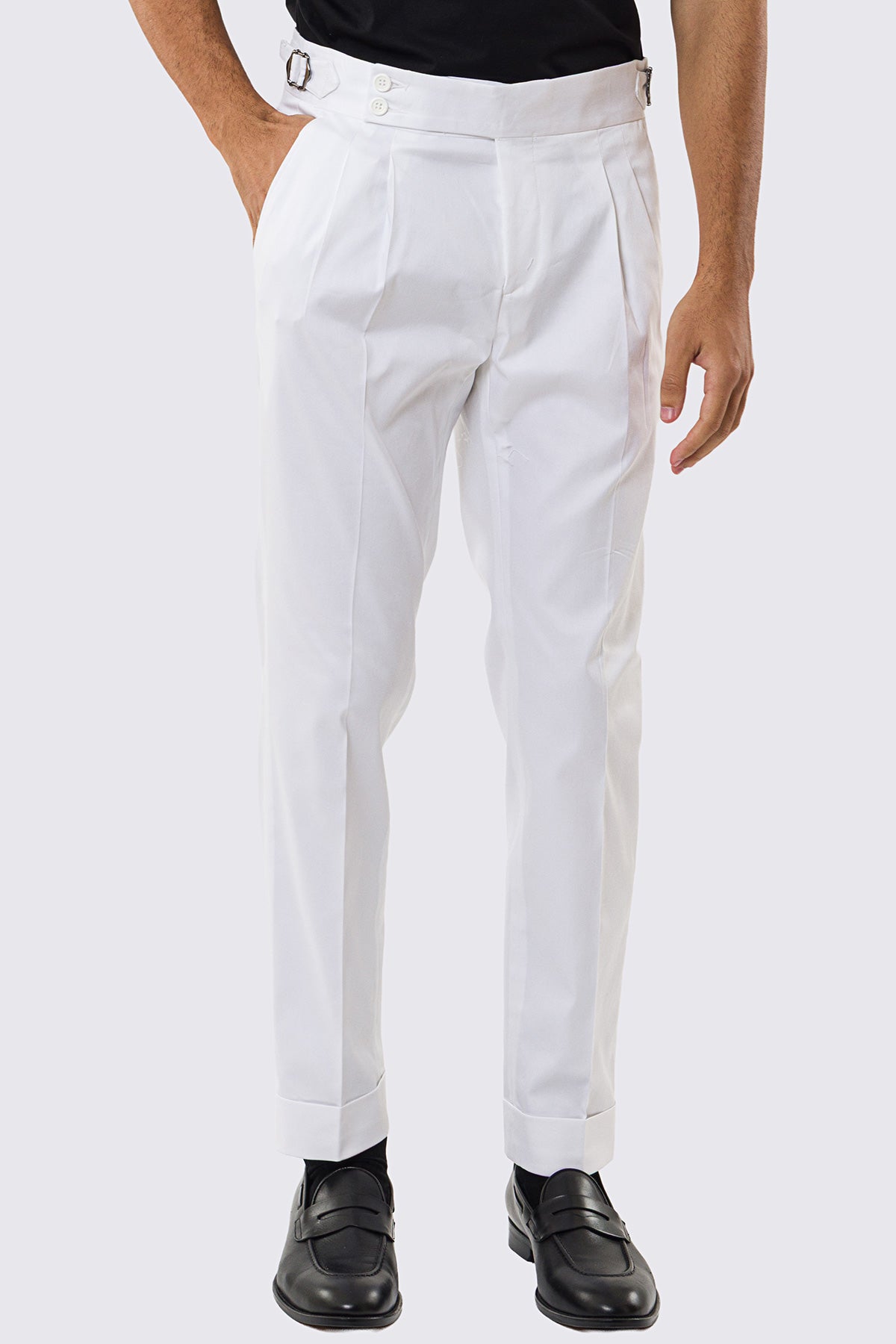 Pantalone uomo Bianco vita alta con fibbie laterali tasca america in cotone leggermente elastico risvolto 5cm made in italy