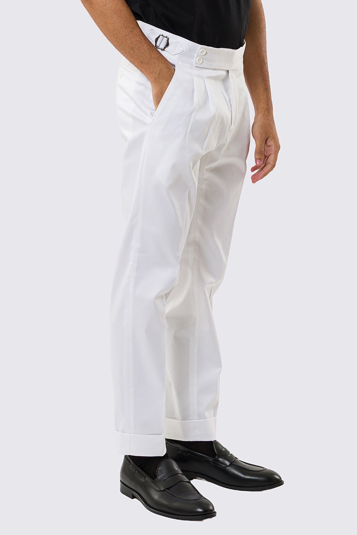 Pantalone uomo Bianco vita alta con fibbie laterali tasca america in cotone leggermente elastico risvolto 5cm made in italy