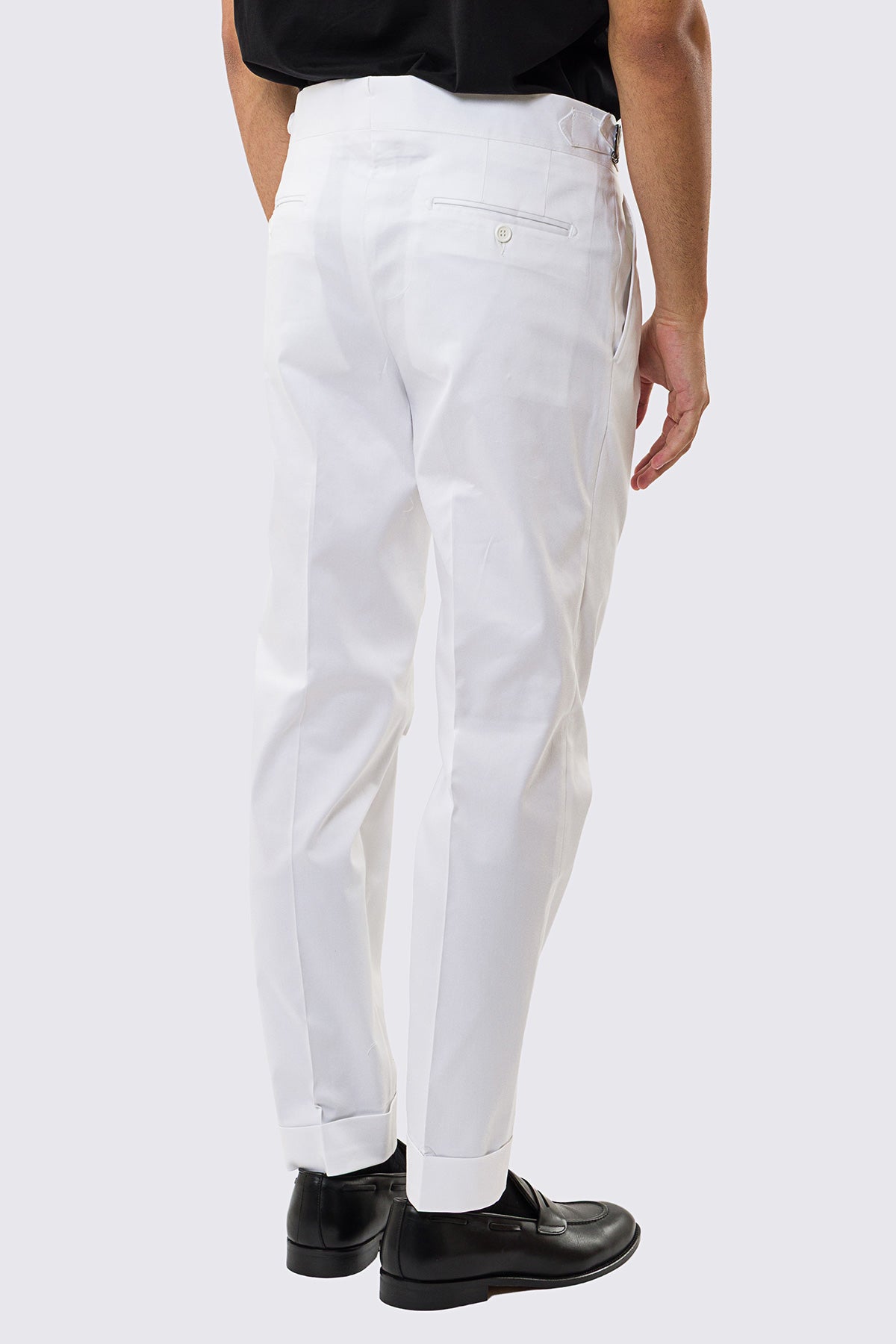 Pantalone uomo Bianco vita alta con fibbie laterali tasca america in cotone leggermente elastico risvolto 5cm made in italy