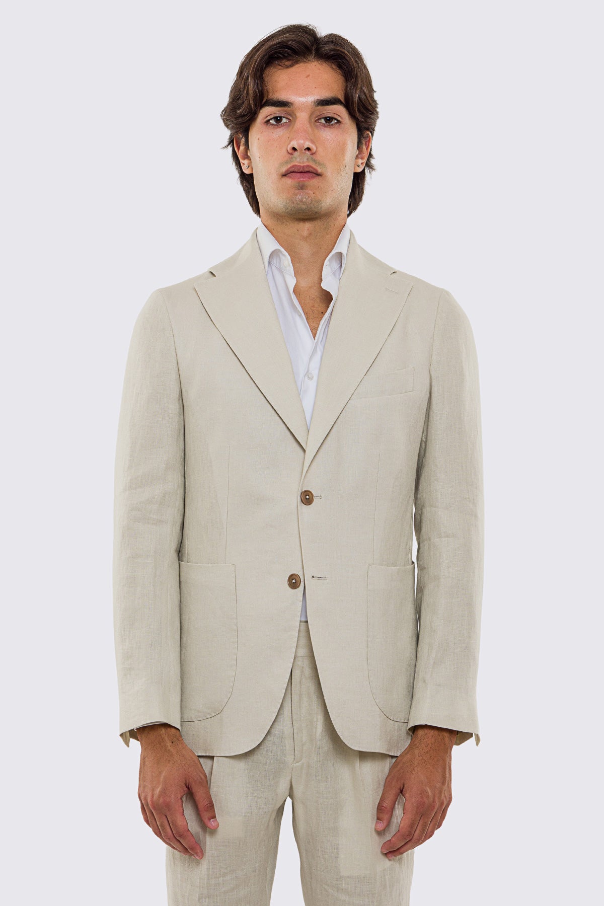 Abito uomo Monopetto Beige in lino 100% sfoderata Rever classico 11 cm tasche a toppe