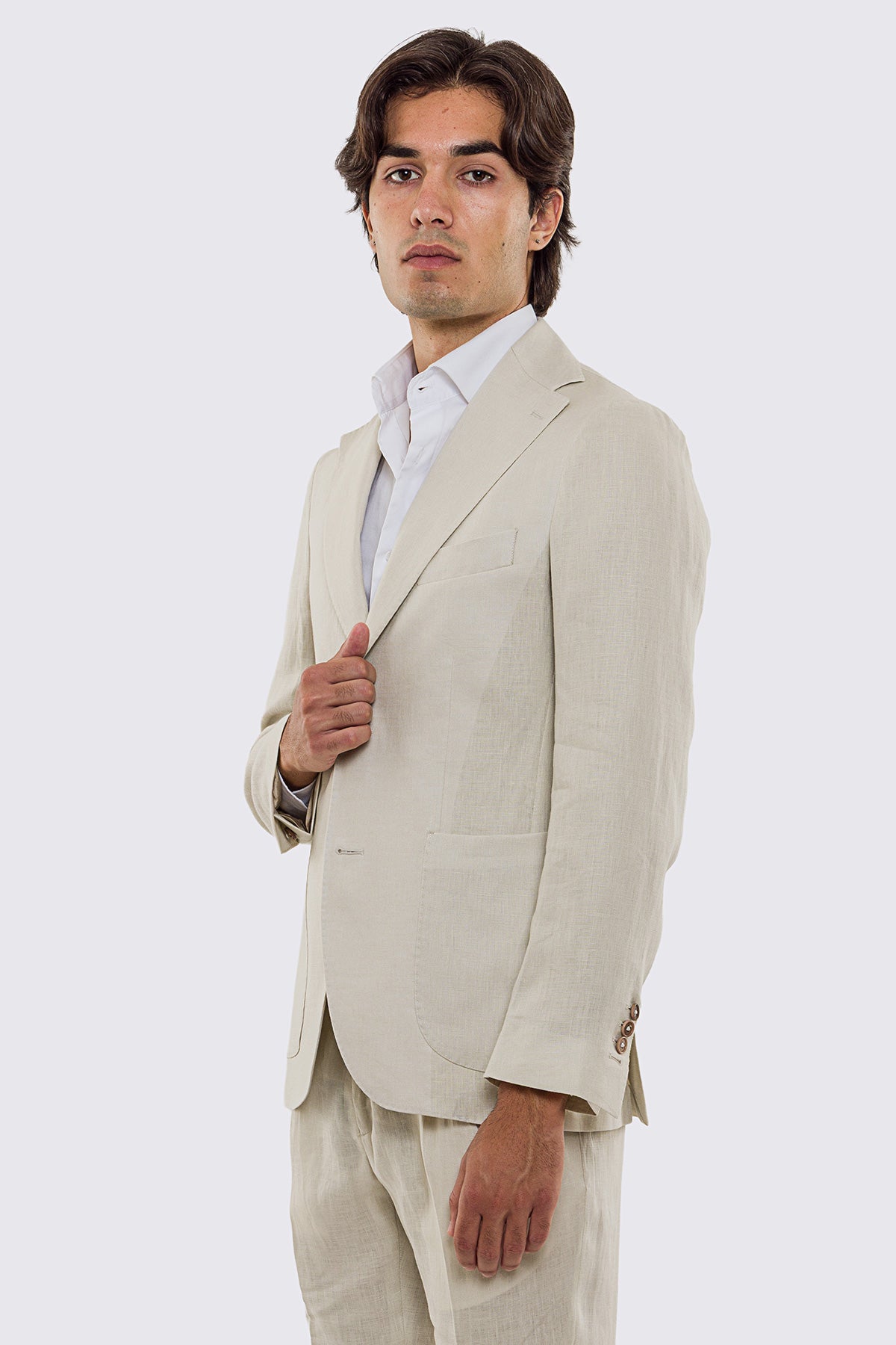 Giacca uomo Monopetto beige in lino 100% sfoderata Rever classico 11 cm tasche a toppe