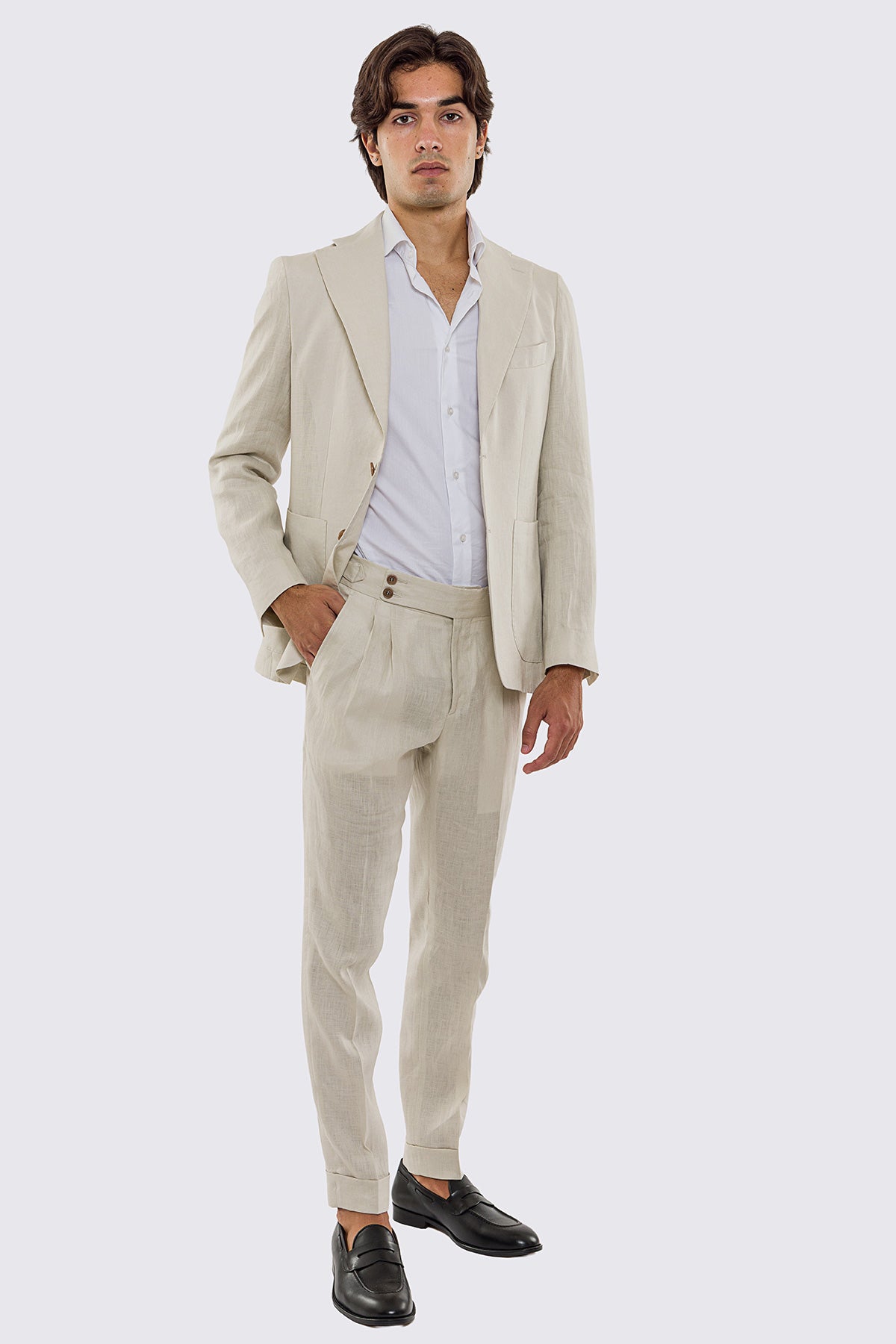 Giacca uomo Monopetto beige in lino 100% sfoderata Rever classico 11 cm tasche a toppe