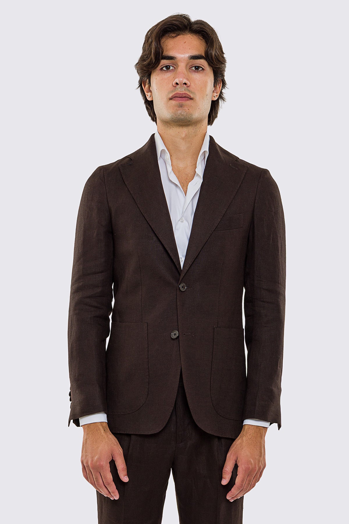 Giacca uomo Monopetto Marrone in lino 100% sfoderata Rever classico 11 cm tasche a toppe