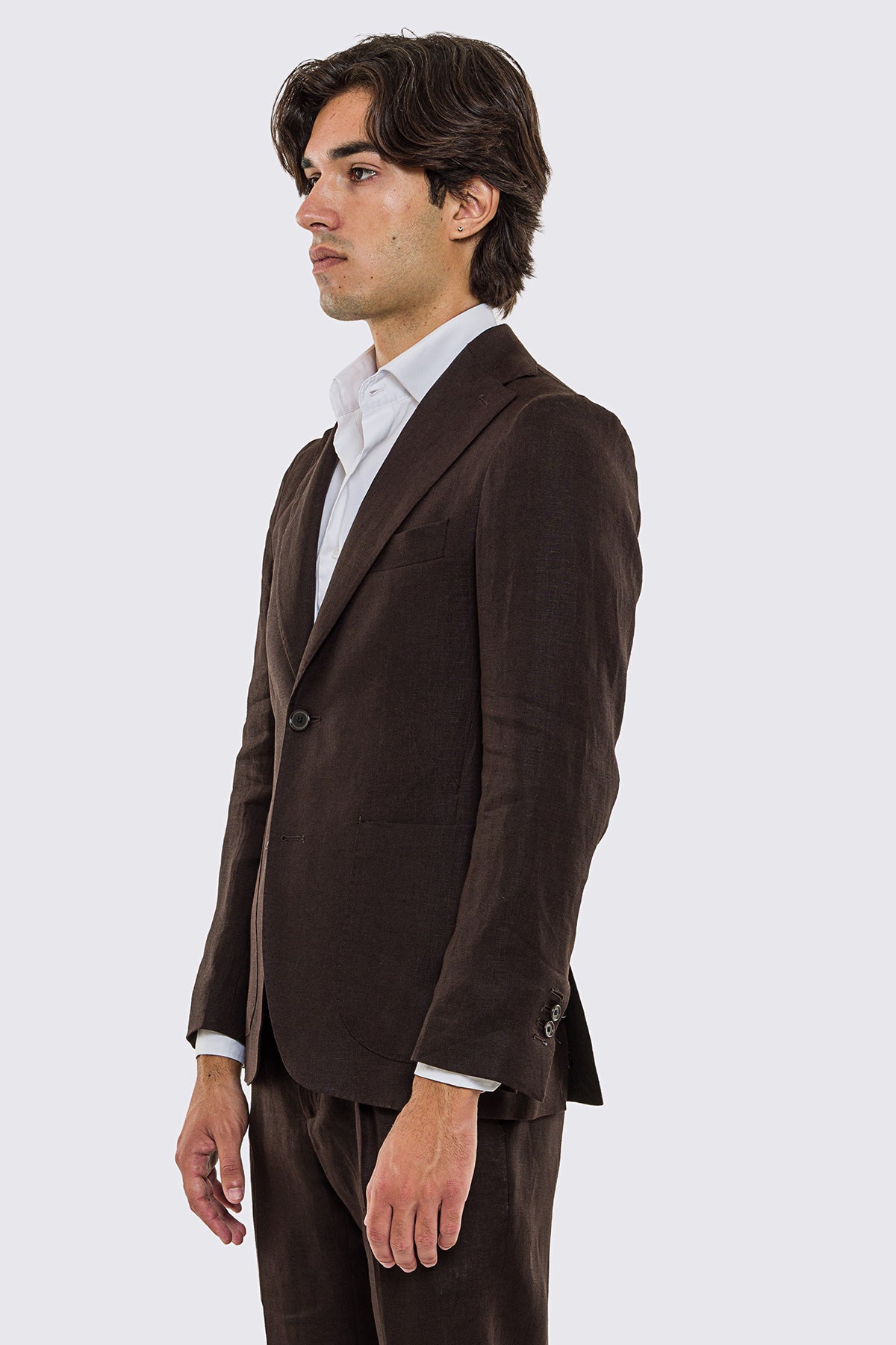 Giacca uomo Monopetto Marrone in lino 100% sfoderata Rever classico 11 cm tasche a toppe