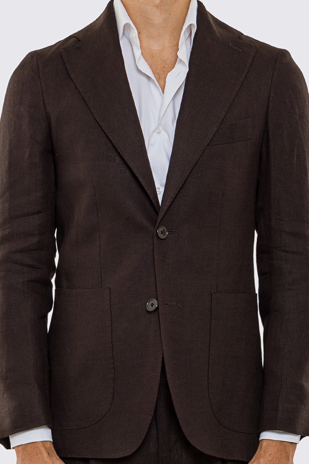 Giacca uomo Monopetto Marrone in lino 100% sfoderata Rever classico 11 cm tasche a toppe