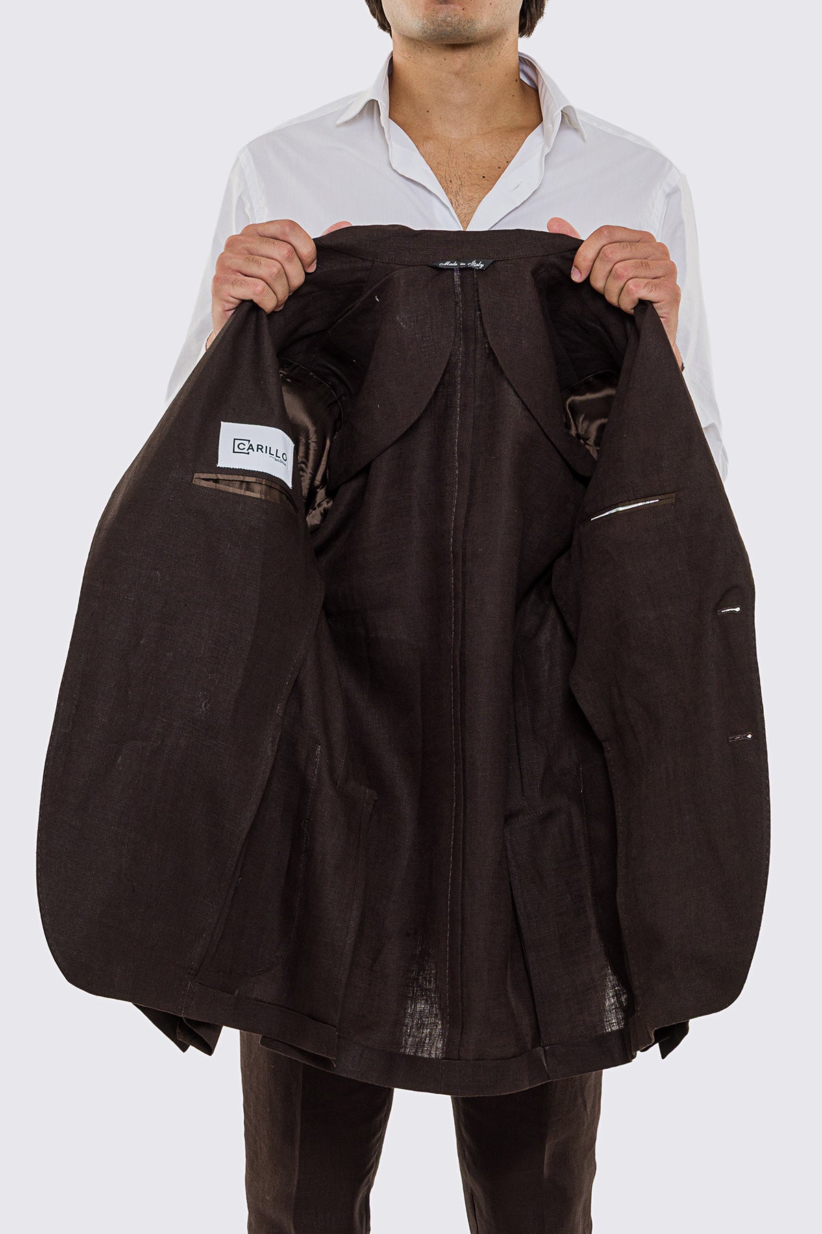 Giacca uomo Monopetto Marrone in lino 100% sfoderata Rever classico 11 cm tasche a toppe