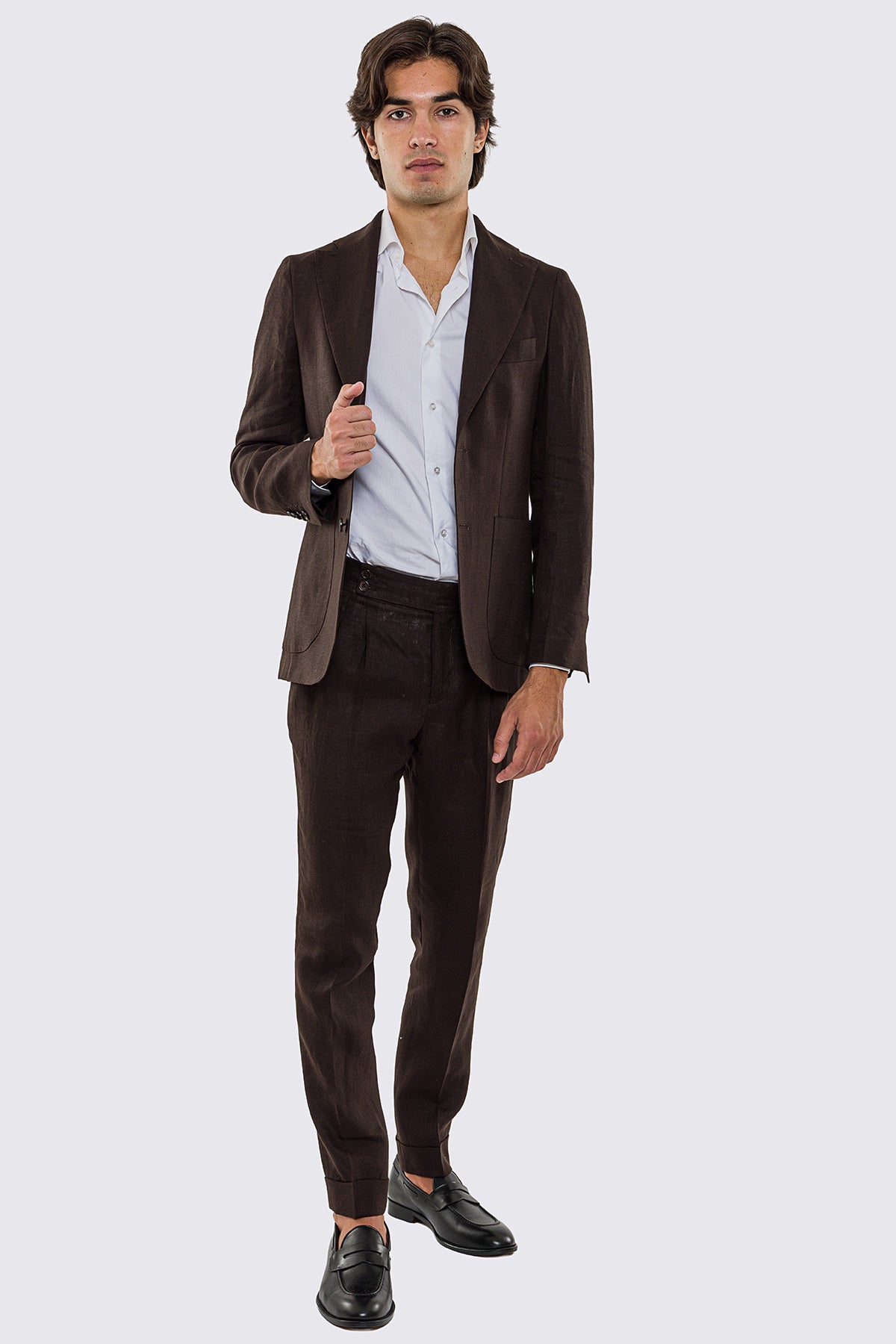 Giacca uomo Monopetto Marrone in lino 100% sfoderata Rever classico 11 cm tasche a toppe