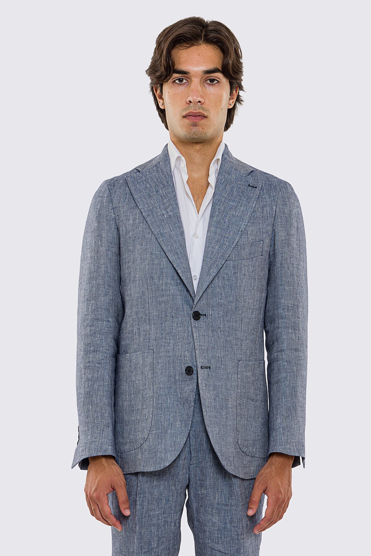 Giacca uomo Monopetto blu spigata in lino 100% fordam tessuti Napoli sfoderata Rever classico 11 cm tasche a toppe
