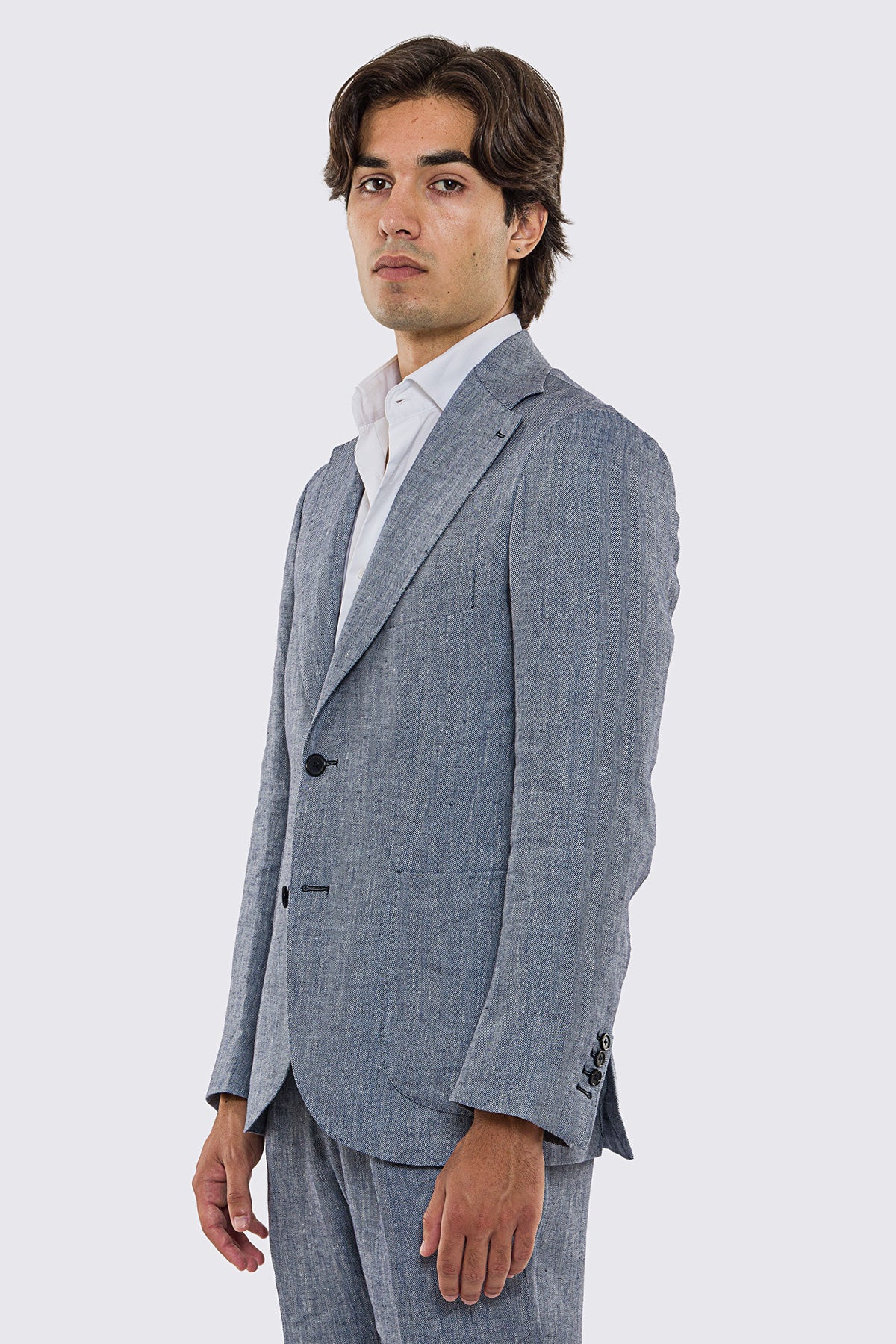 Giacca uomo Monopetto blu spigata in lino 100% fordam tessuti Napoli sfoderata Rever classico 11 cm tasche a toppe