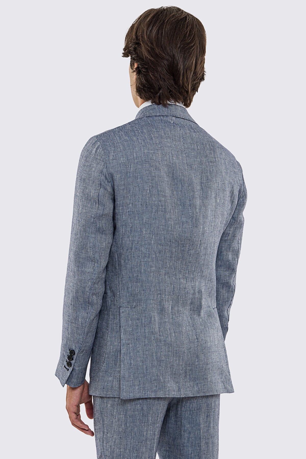 Giacca uomo Monopetto blu spigata in lino 100% fordam tessuti Napoli sfoderata Rever classico 11 cm tasche a toppe