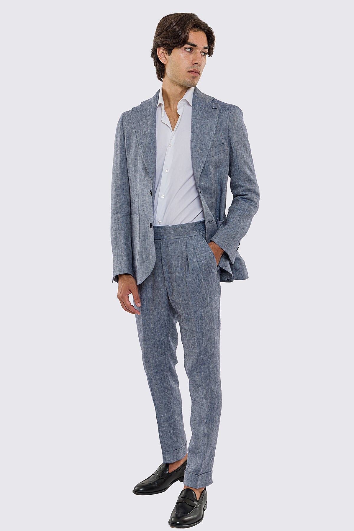 Abito uomo Monopetto blu spigato in lino 100% fordam tessuti Napoli sfoderata Rever classico 11 cm tasche a toppe