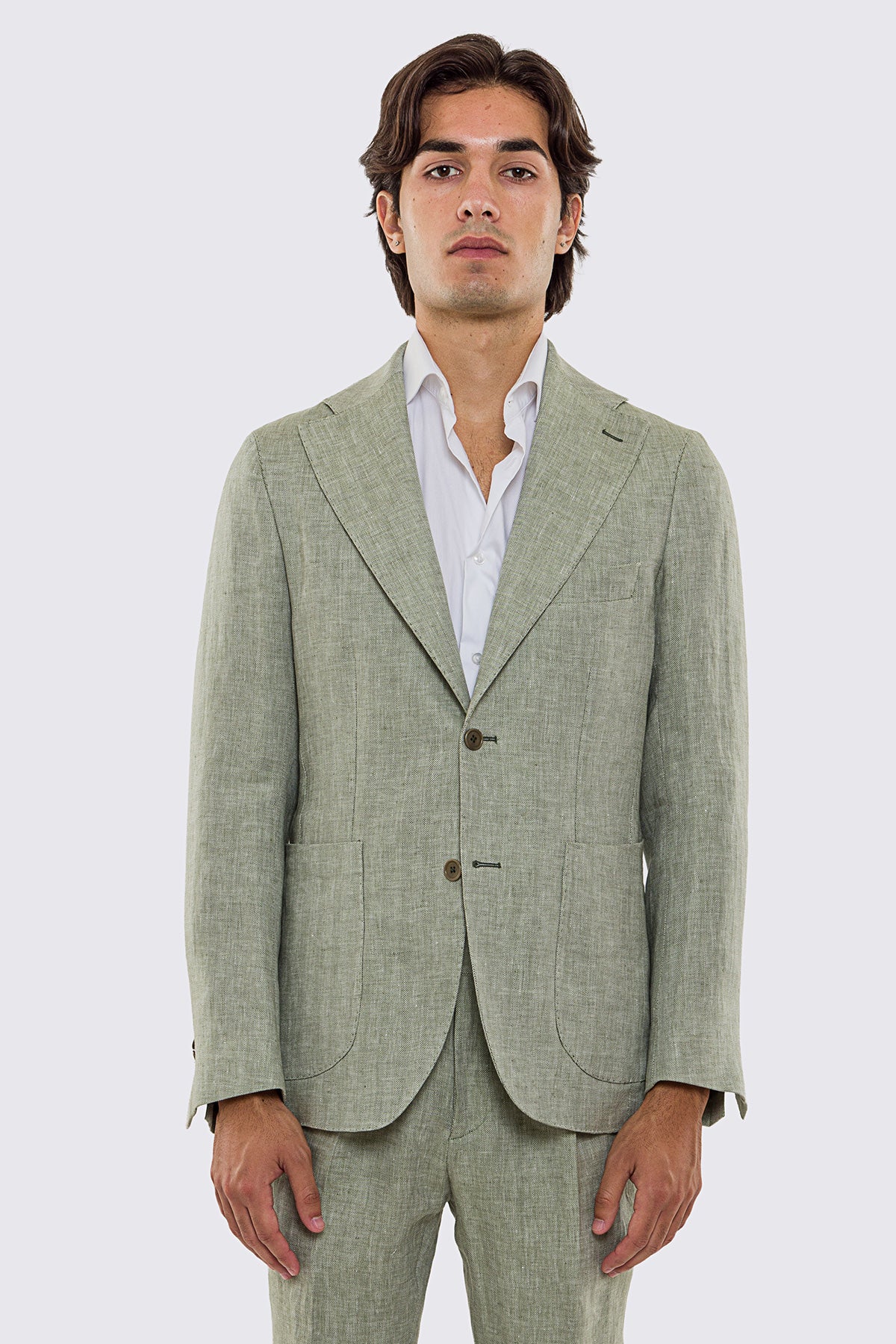 Giacca uomo Monopetto Verde spigata in lino 100% fordam tessuti Napoli sfoderata Rever classico 11 cm tasche a toppe