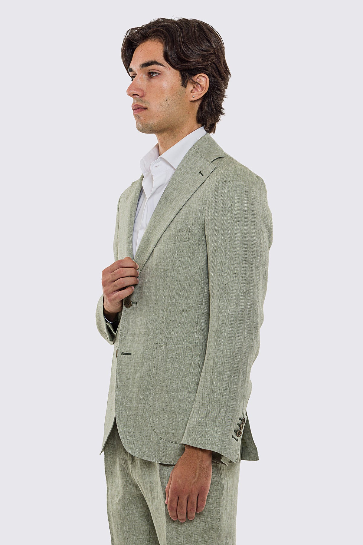 Giacca uomo Monopetto Verde spigata in lino 100% fordam tessuti Napoli sfoderata Rever classico 11 cm tasche a toppe
