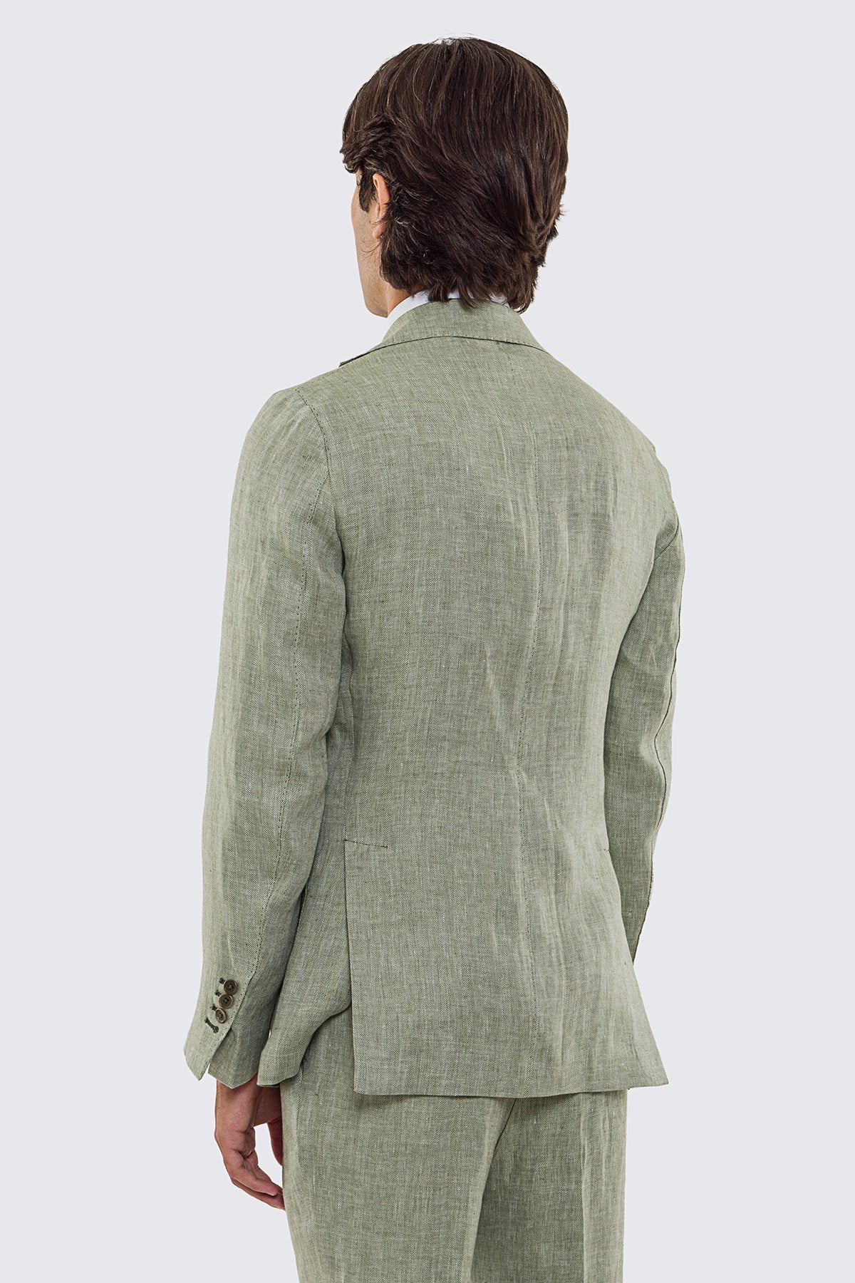 Giacca uomo Monopetto Verde spigata in lino 100% fordam tessuti Napoli sfoderata Rever classico 11 cm tasche a toppe