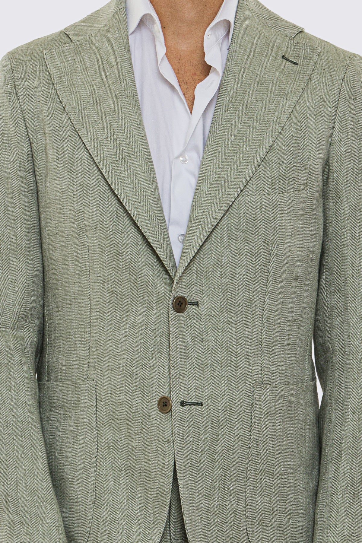 Giacca uomo Monopetto Verde spigata in lino 100% fordam tessuti Napoli sfoderata Rever classico 11 cm tasche a toppe
