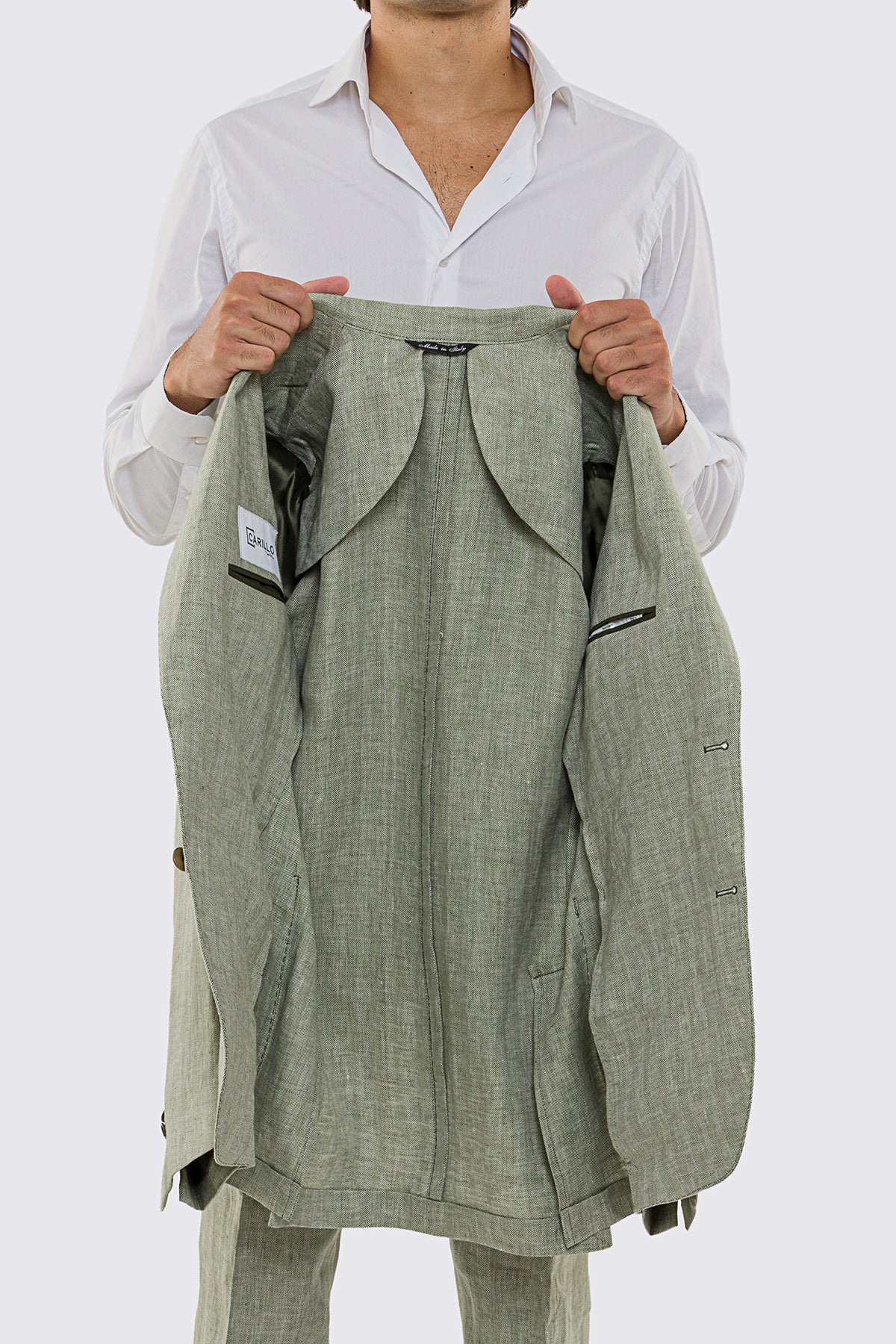 Giacca uomo Monopetto Verde spigata in lino 100% fordam tessuti Napoli sfoderata Rever classico 11 cm tasche a toppe