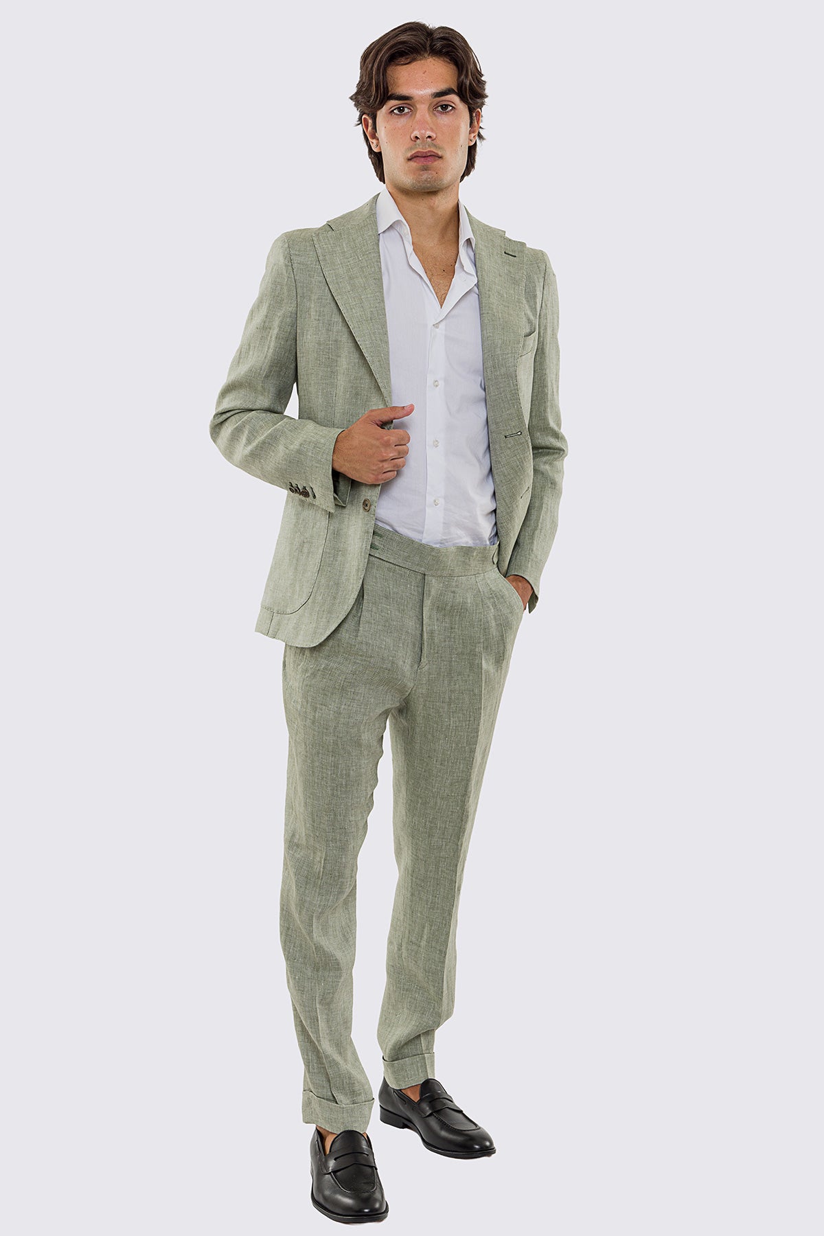 Giacca uomo Monopetto Verde spigata in lino 100% fordam tessuti Napoli sfoderata Rever classico 11 cm tasche a toppe