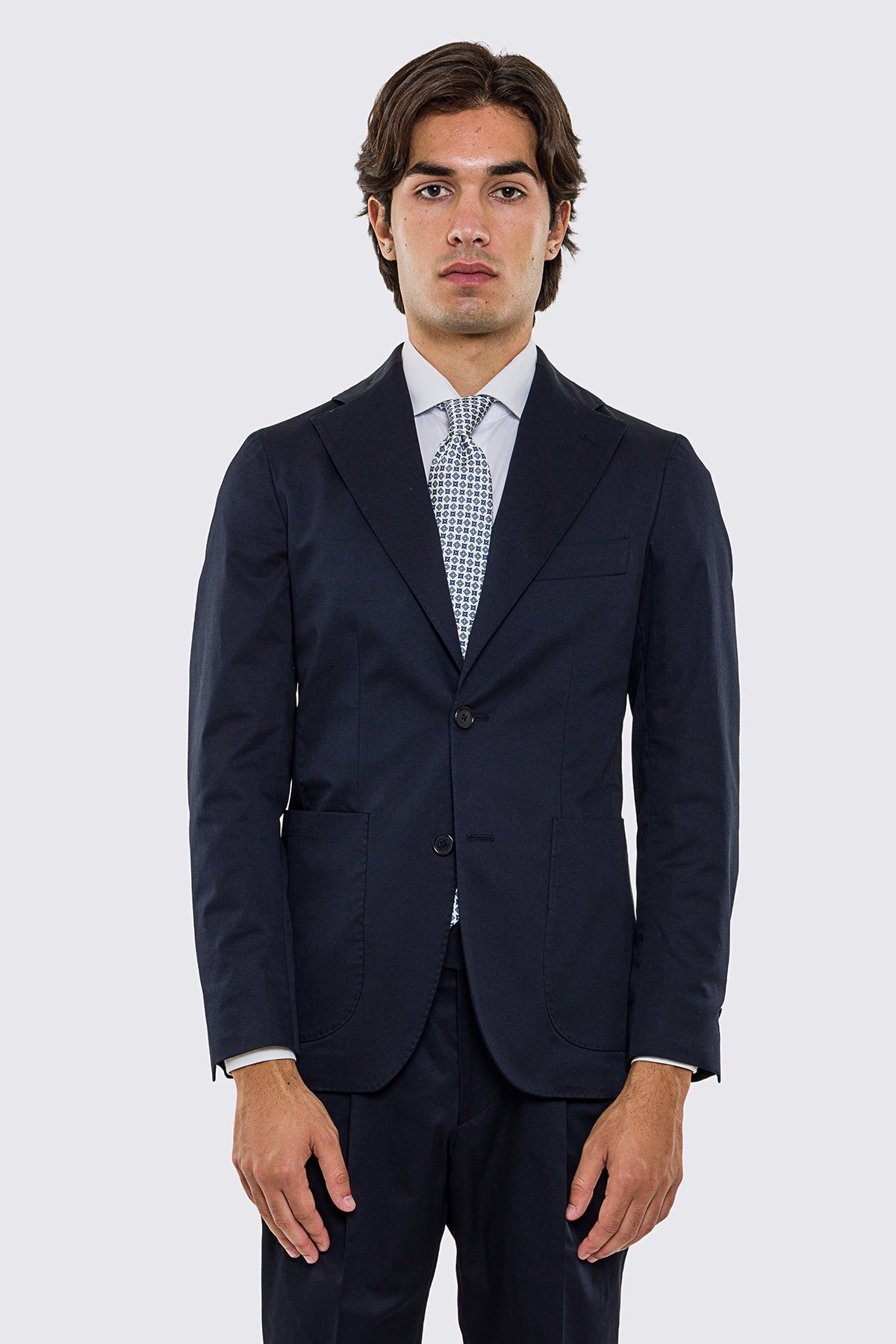 Abito uomo Monopetto blu in cotone leggermente elastico sfoderata Rever classico 11 cm tasche a toppe