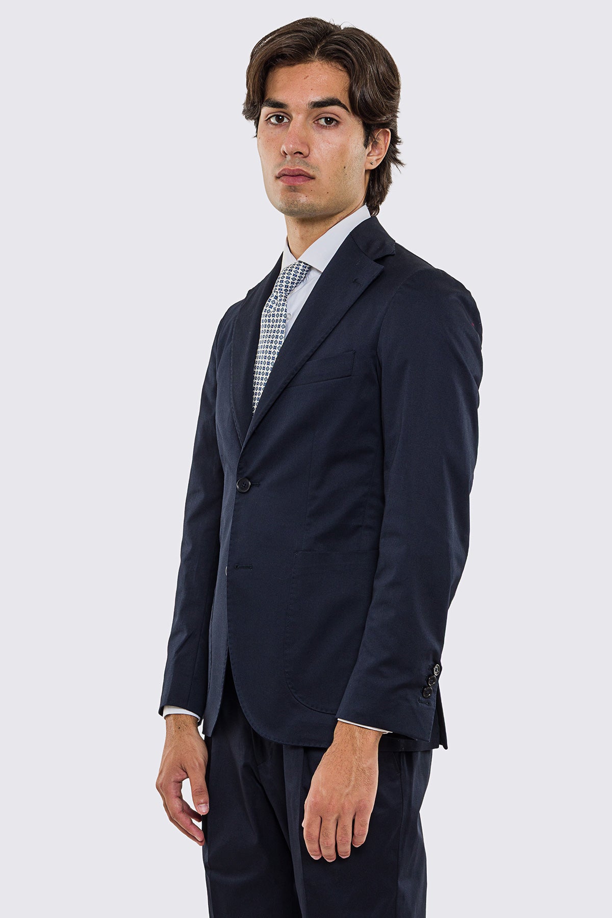 Abito uomo Monopetto blu in cotone leggermente elastico sfoderata Rever classico 11 cm tasche a toppe