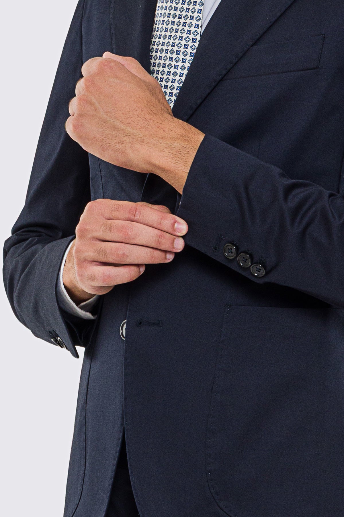 Abito uomo Monopetto blu in cotone leggermente elastico sfoderata Rever classico 11 cm tasche a toppe