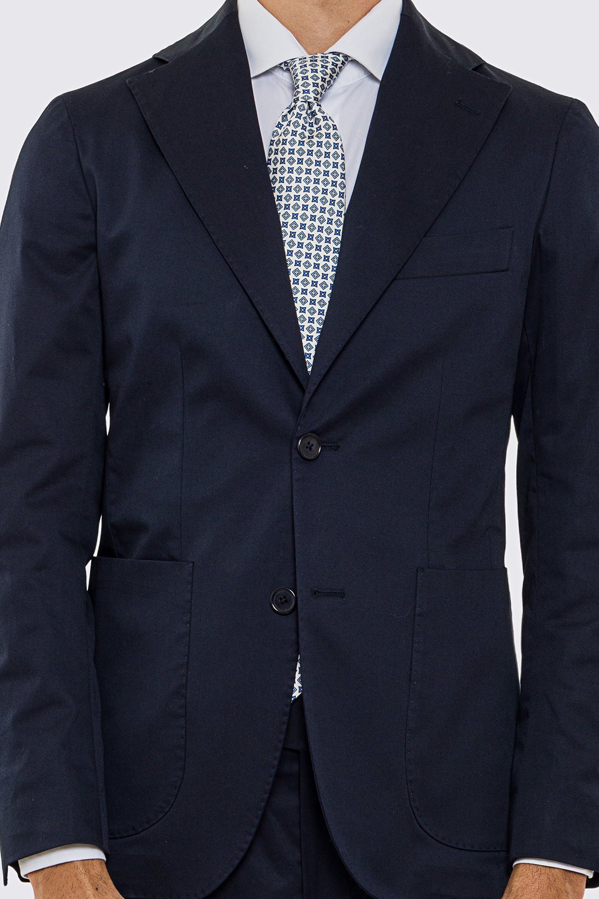 Abito uomo Monopetto blu in cotone leggermente elastico sfoderata Rever classico 11 cm tasche a toppe