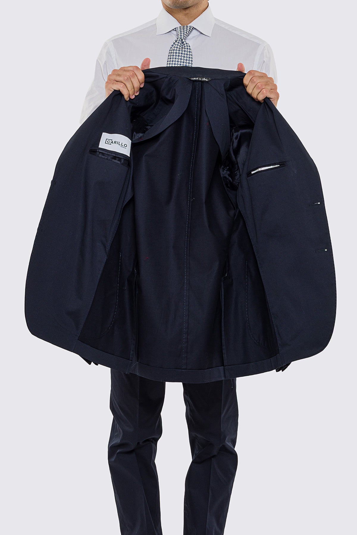 Abito uomo Monopetto blu in cotone leggermente elastico sfoderata Rever classico 11 cm tasche a toppe