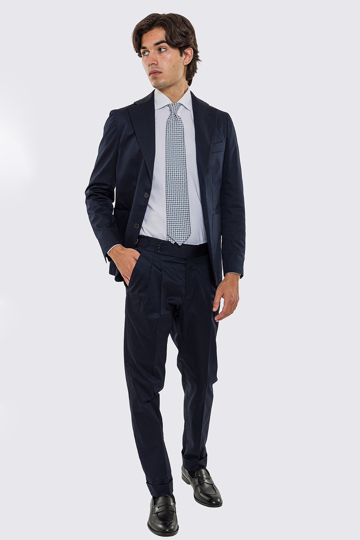 Abito uomo Monopetto blu in cotone leggermente elastico sfoderata Rever classico 11 cm tasche a toppe
