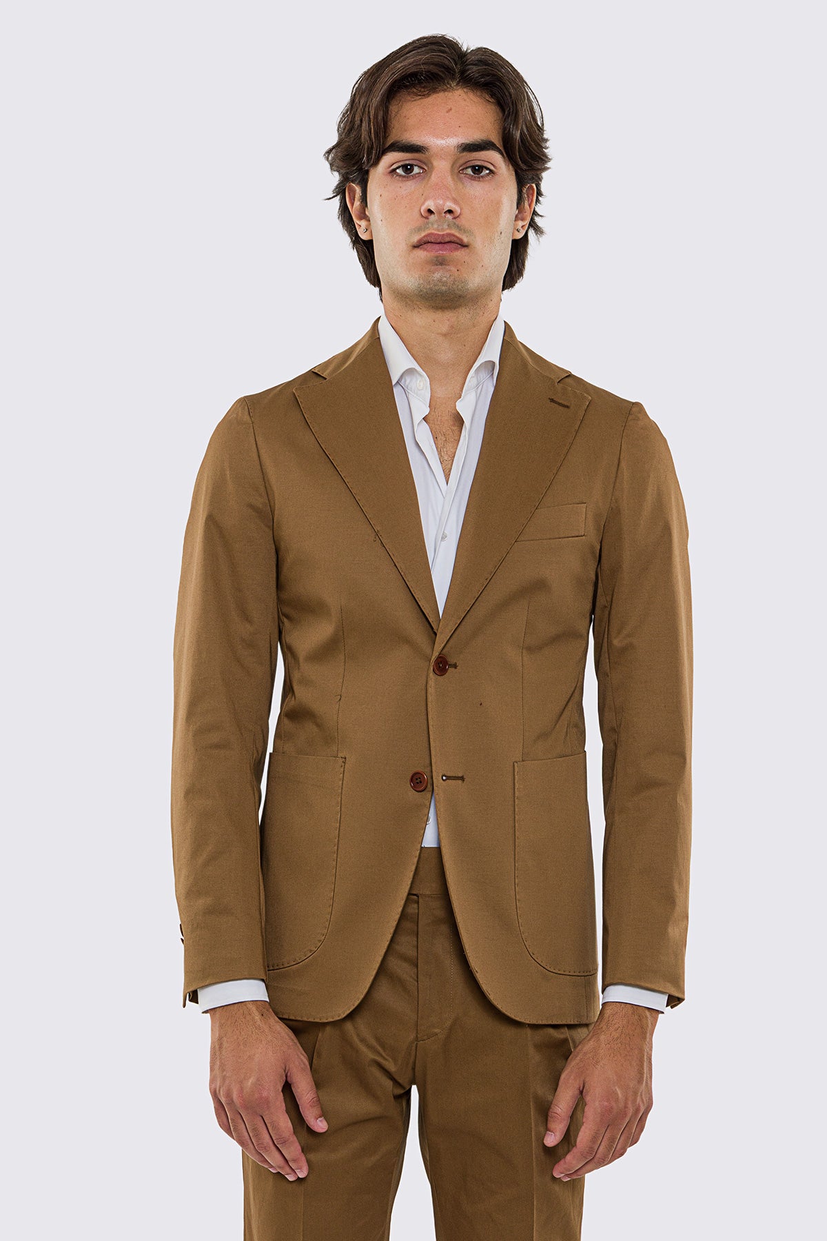 Giacca uomo Monopetto coccio in cotone leggermente elastico sfoderata Rever classico 11 cm tasche a toppe